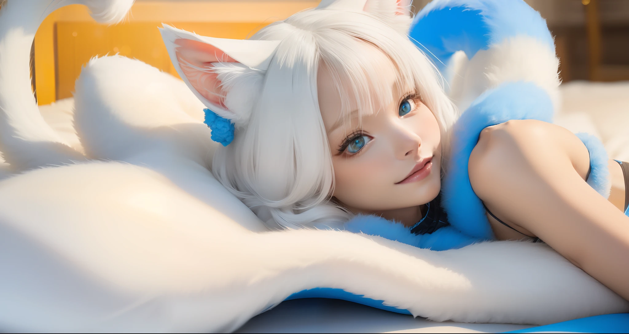 White cat ears,blue color eyes,High picture quality,high detal,ellegance,femele,Adult,huge tit,Flat belly,White hair,Fluffy tail,Pure desire