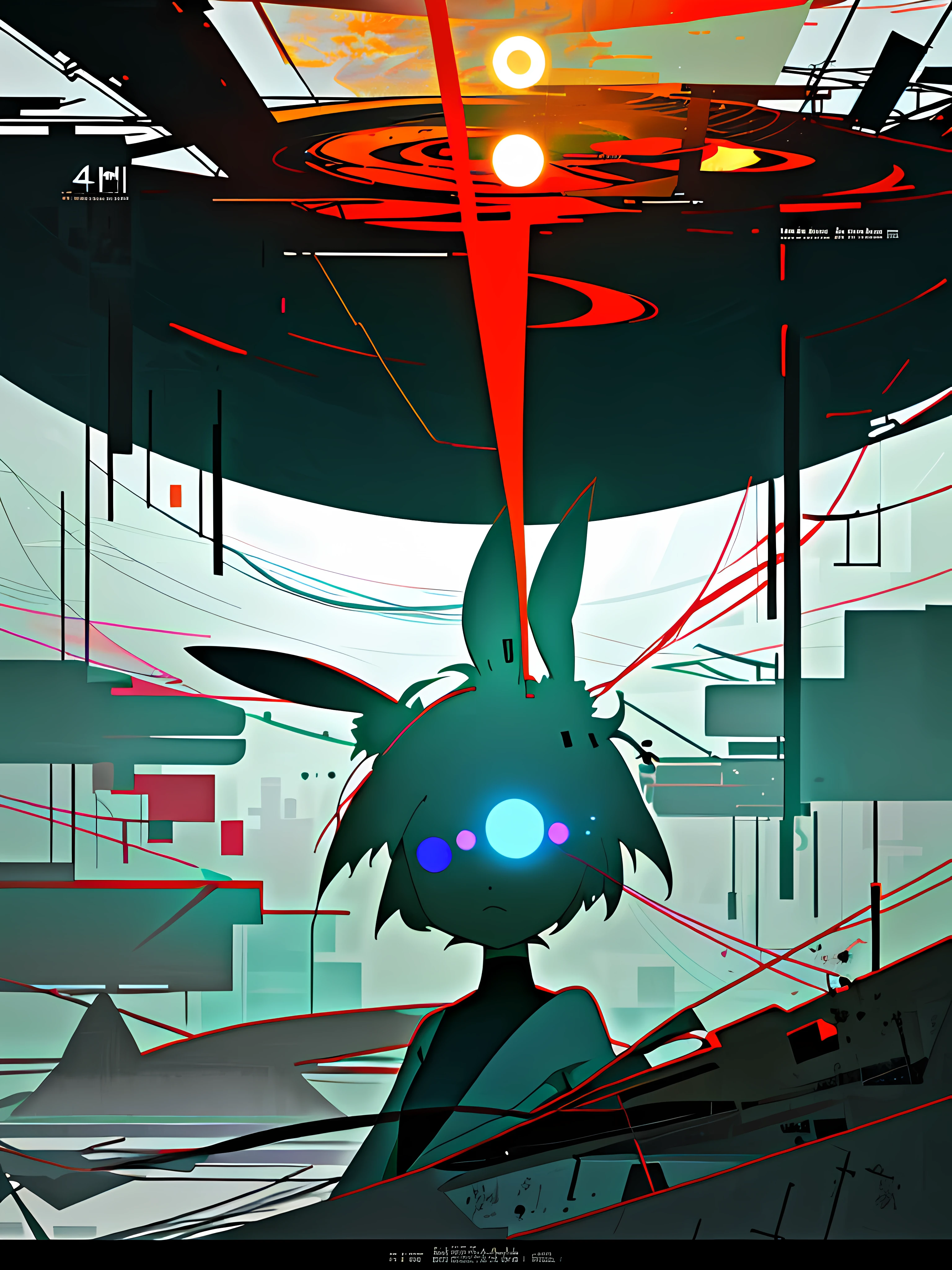 (blame! style abandoned tech landscape), (Zen, Amy Sol style), (underground, dark, foggy, perilous, abandoned dystopian apartment bedroom, deep windows), (abstract anthro rabbit figure, mighty jump, wearing bunny ears, by crescent moon), cover art with light abstraction, abstract, simple vector art, contemporary Cybernetic art, color gradients, soft color palettes, layered forms, whimsical animation, style Ethereal abstract, 4K, --v6