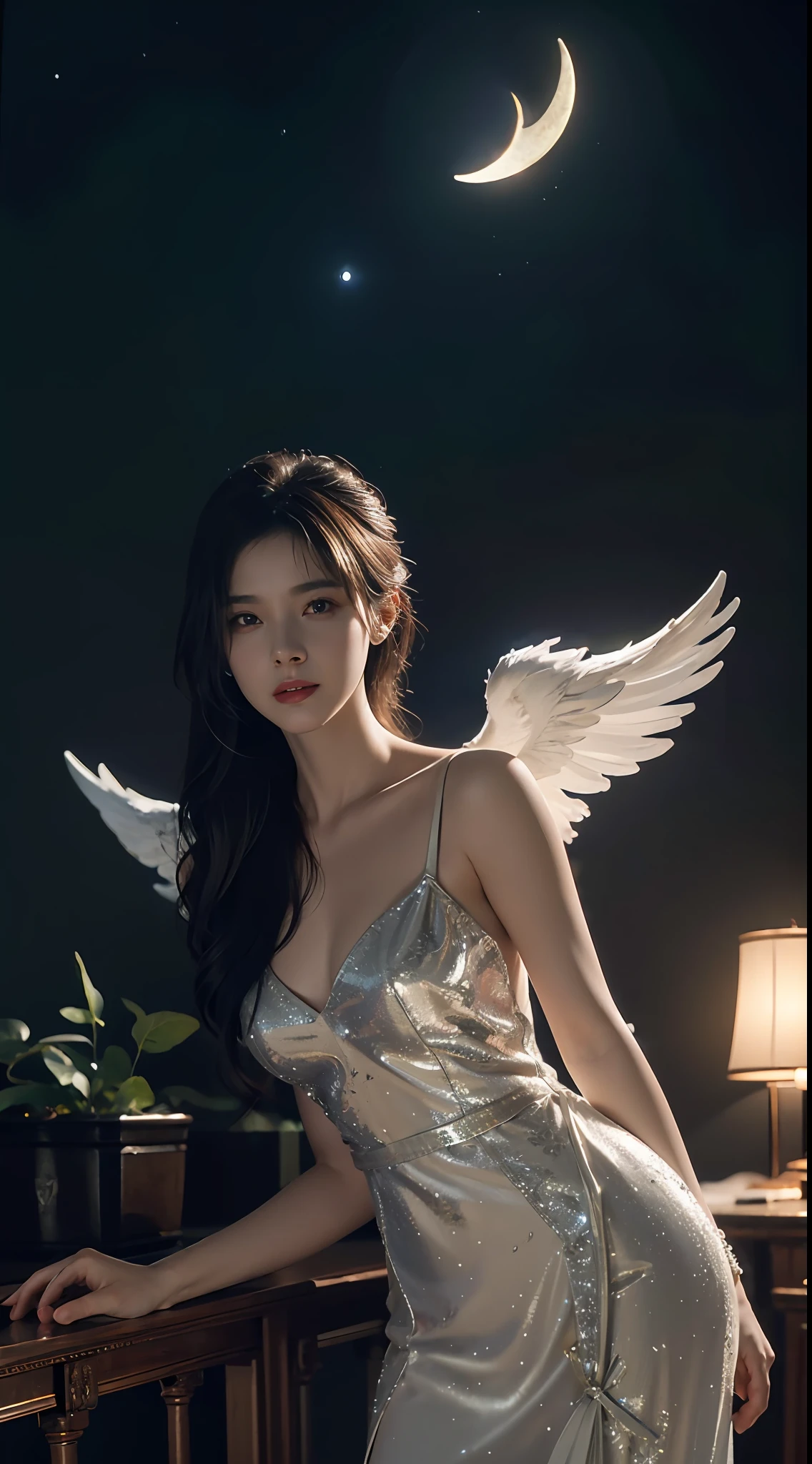 Beautiful angel mech , The stars and moon of the best quality, Detailed details, Masterpiece, offcial art, movie light effect, 4K, Chiaroscuro , Flash