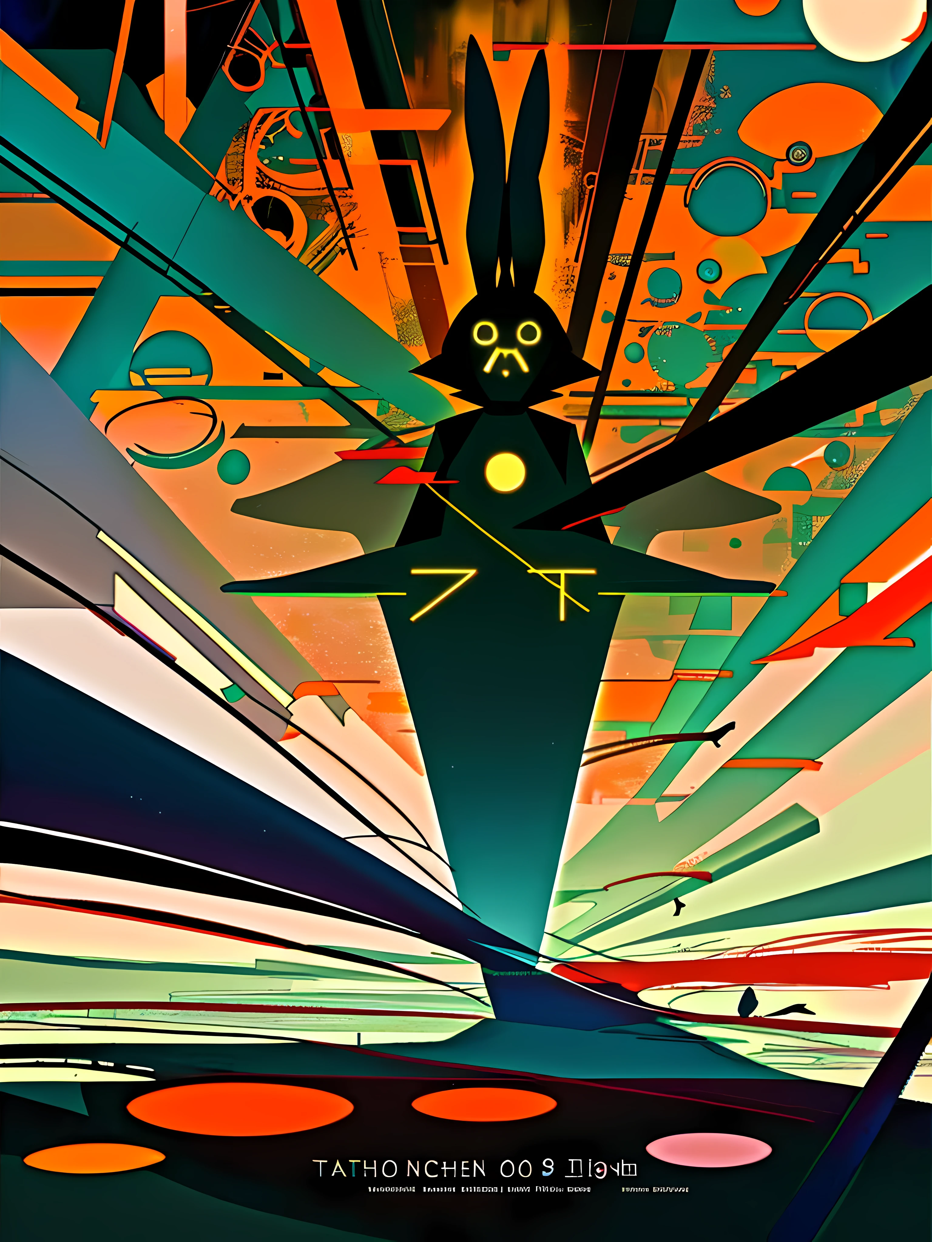 (blame! style abandoned tech landscape), (Zen, Amy Sol style), (underground, dark, foggy, perilous, abandoned dystopian apartment bedroom, deep windows), (abstract anthro rabbit figure, mighty jump, wearing bunny ears, by crescent moon), cover art with light abstraction, abstract, simple vector art, contemporary Cybernetic art, color gradients, soft color palettes, layered forms, whimsical animation, style Ethereal abstract, 4K, --v6