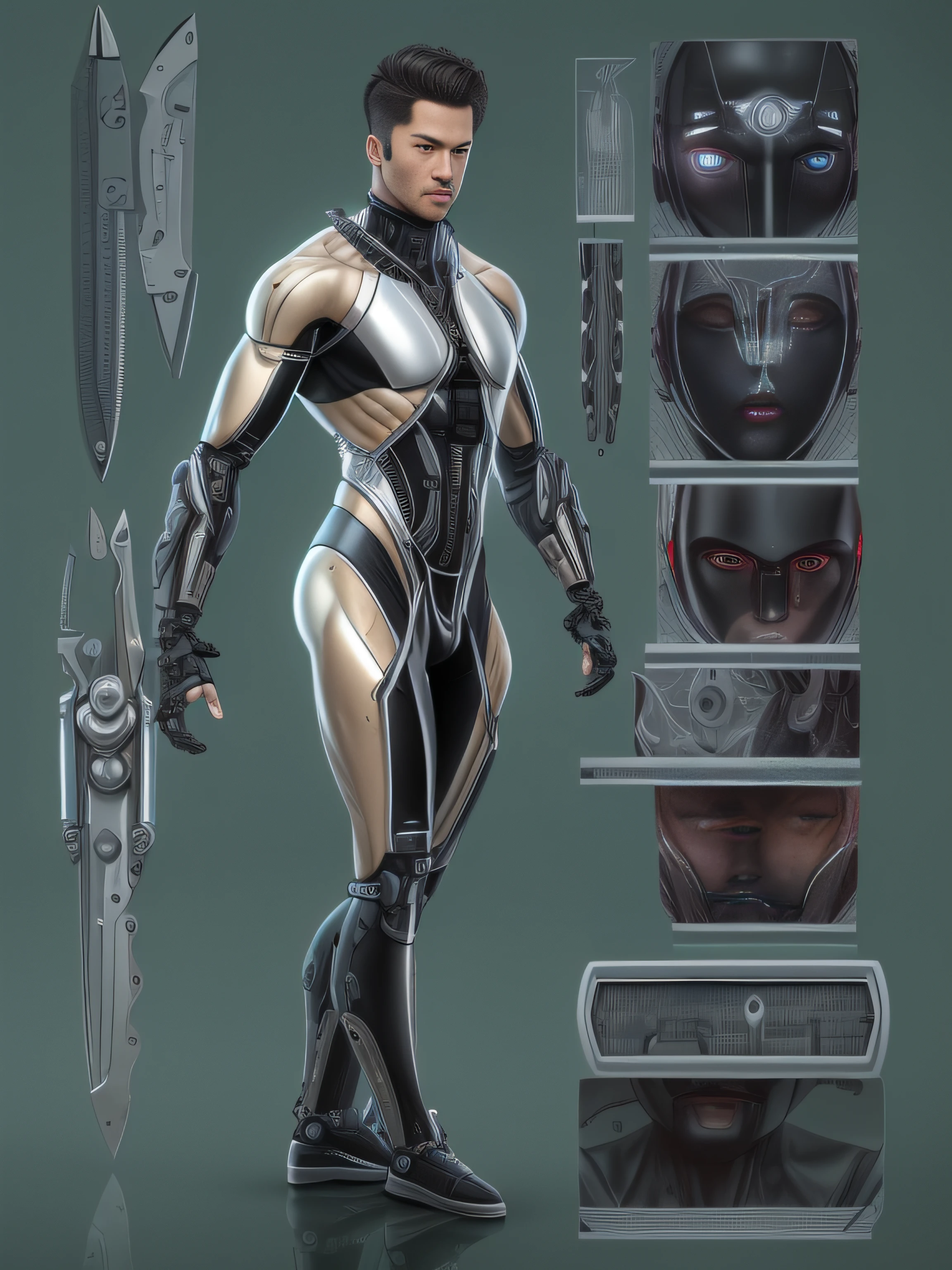 (The Alfid man wears black transparent latex tongs,Translucent latex pliers:1.5),(Metallic body, bionic scifi alexandre ferra, cyborg neck, cyborg male, male cyborg, cyborg fashion model, portrait of a cyborg, detailed portrait of a cyborg, cybernetic neck implant, portrait of a futuristic robot :1.3)(dystopian sci-fi character, sci - fi character, portrait of a cyberpunk cyborg:1.2)(8K,Extreme detail,Hair in extreme detail,Ultra photo realsisim,cinmatic lighting:1.1)(Asian supermodel face,Strong muscles and perfectly curved body,Extreme sexual tension,Hormonal explosion,whole body display:1.5)(Short hair, Light-colored beard, Stubble masculinity,Naked muscle man,Muscular macho,No clothes on,Only a pair of thongs was worn,Extremely sexy and provocative:1.5)(whole body display:1.5)