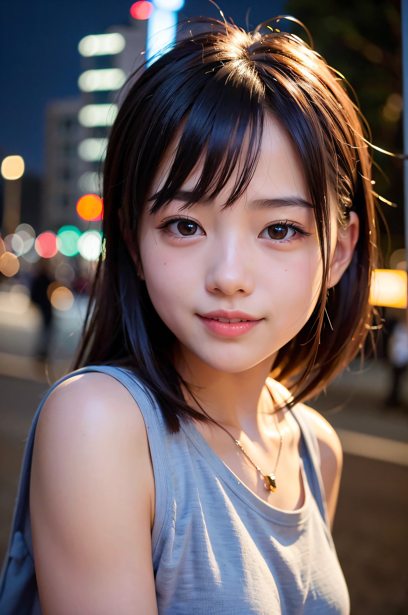 1girl, Tokyo street,night, cityscape,city lights,upper body,close-up,smile,, (8k, RAW photo, best quality, masterpiece:1.2),(realistic, photo-realistic:1.37),