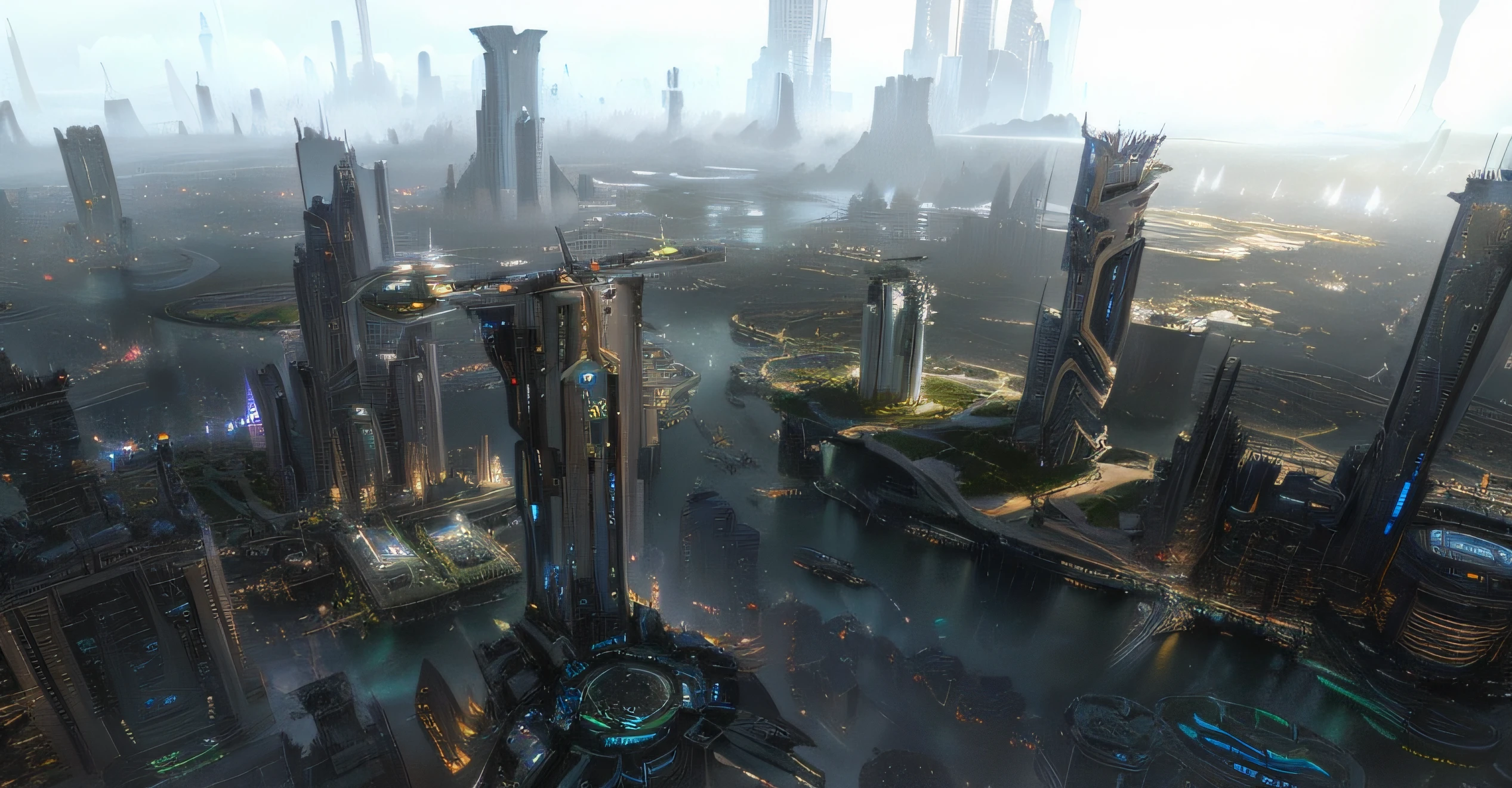 NASA white style,HALO 5 game city style。Cidade futuristica,Skyscrapers and green rooftops in a foggy sky, futuristic dystopian city, aerial view of a cyberpunk city, in fantasy sci - fi city, hyper-futuristic city, sci fi city, vista of futuristic city, sci fi city, otherwordly futuristic city, 4 K resolution concept art, ancient sci - fi city, 4 k concept art,Embodies the enormity of the city,Surrounded by rivers。