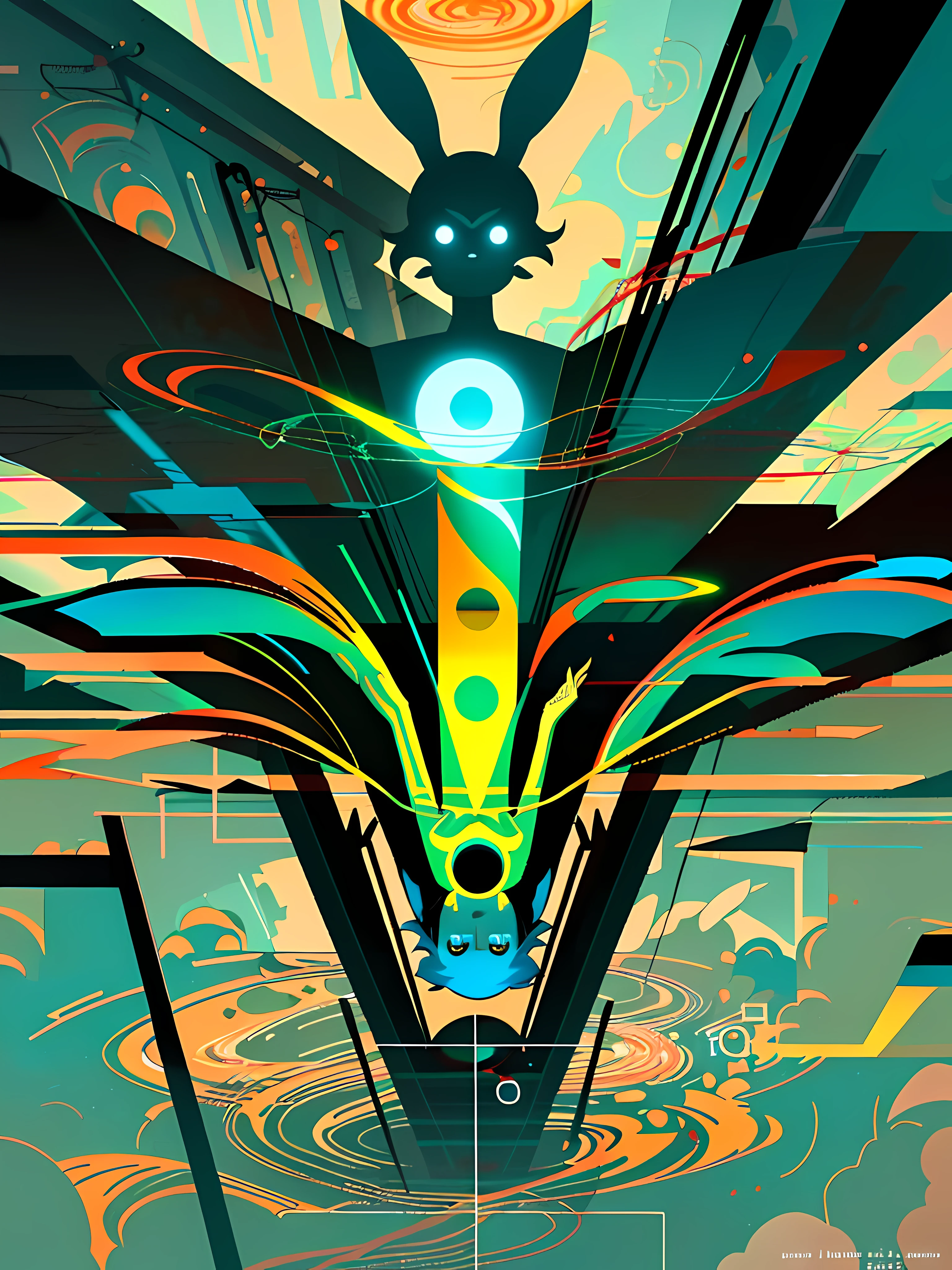 (blame! style abandoned tech landscape), (Zen, Amy Sol style), (underground, dark, foggy, perilous, abandoned dystopian apartment bedroom, deep windows), (abstract anthro rabbit figure, mighty jump, wearing bunny ears, by crescent moon), cover art with light abstraction, abstract, simple vector art, contemporary Cybernetic art, color gradients, soft color palettes, layered forms, whimsical animation, style Ethereal abstract, 4K, --v6