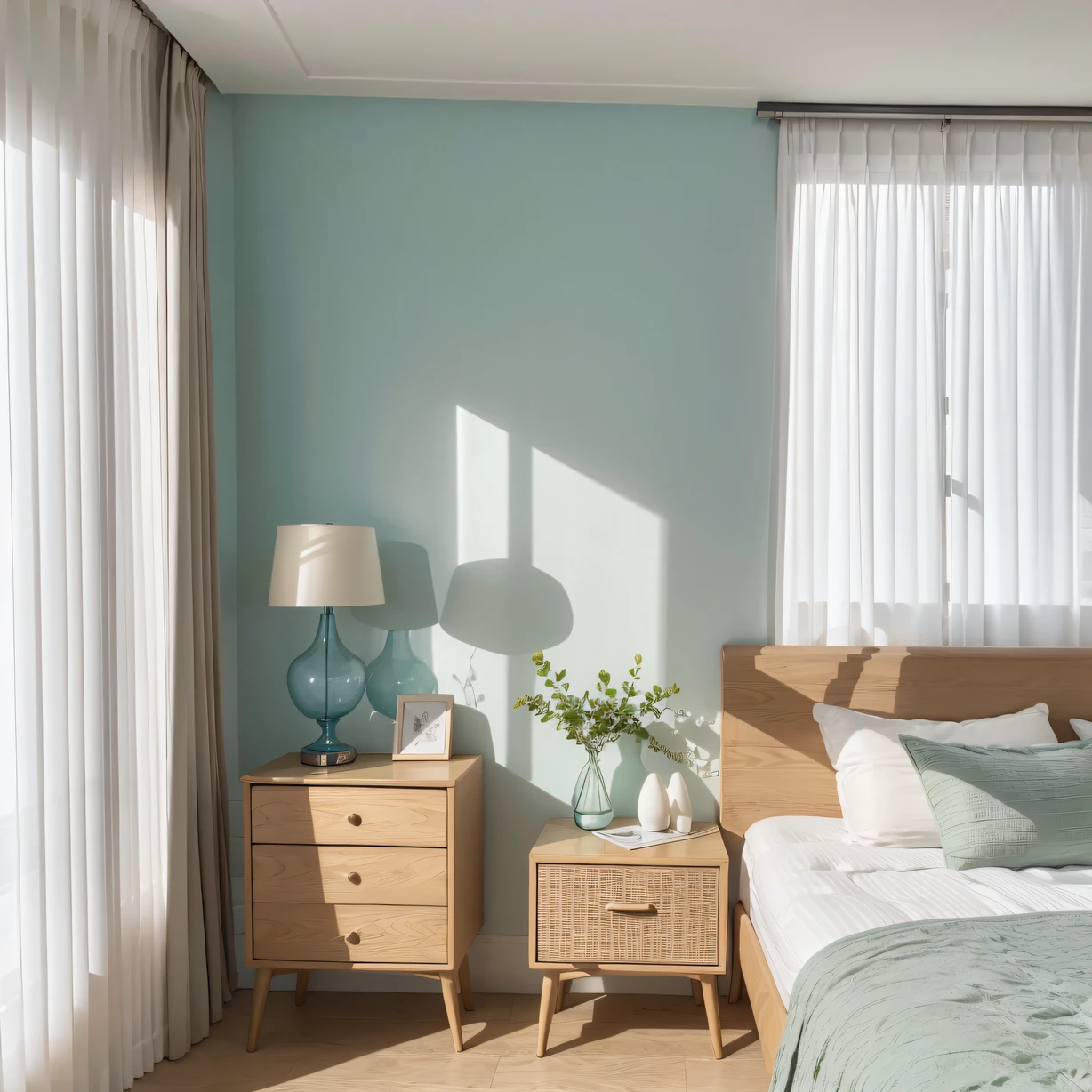 ，Masterpiece, Best quality，8K, 超高分辨率，Reallightandshadow，Step into this bedroom that blends Mediterranean and European elements，It's like being on a romantic holiday。Spacious and bright space，Light blue and white walls、Curtains and furniture complement each other，Create a fresh and pleasant atmosphere。The bedside table is lined with delicate vases and works of art，It shows a noble and elegant taste。Mediterranean-style windows are designed to bring natural light and the smell of the sea breeze，Immerse people in tranquility and comfort。wake up，It was like being on a beautiful island，Feel the warm and harmonious atmosphere，Evoke the infinite yearning and reverie of the heart。中景 the scene is
