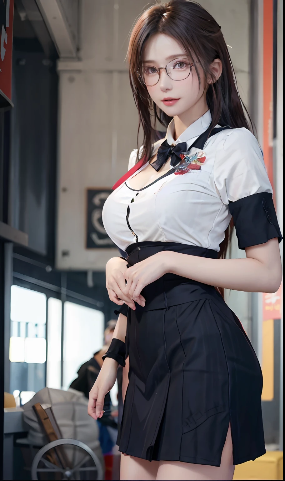 (RAW photos:1.2),high high quality,Beautiful Meticulous Girl,Highly detailed eyes and face,beatiful detailed eyes,hugefilesize,A high resolution,8k wallpaper,finely detailled,Highly detailed stock code uniform 8k wallpaper,light in face,电影灯光,16 year old girl,(photo-realism:1.4),Aircraft interior background,illustratio,ultra-realistic realism,super detailing, tmasterpiece, In the plane,stewardess,Airplane walkway,full body shot shot,Wear a flight attendant uniform,wears glasses,Bigchest,low chest,