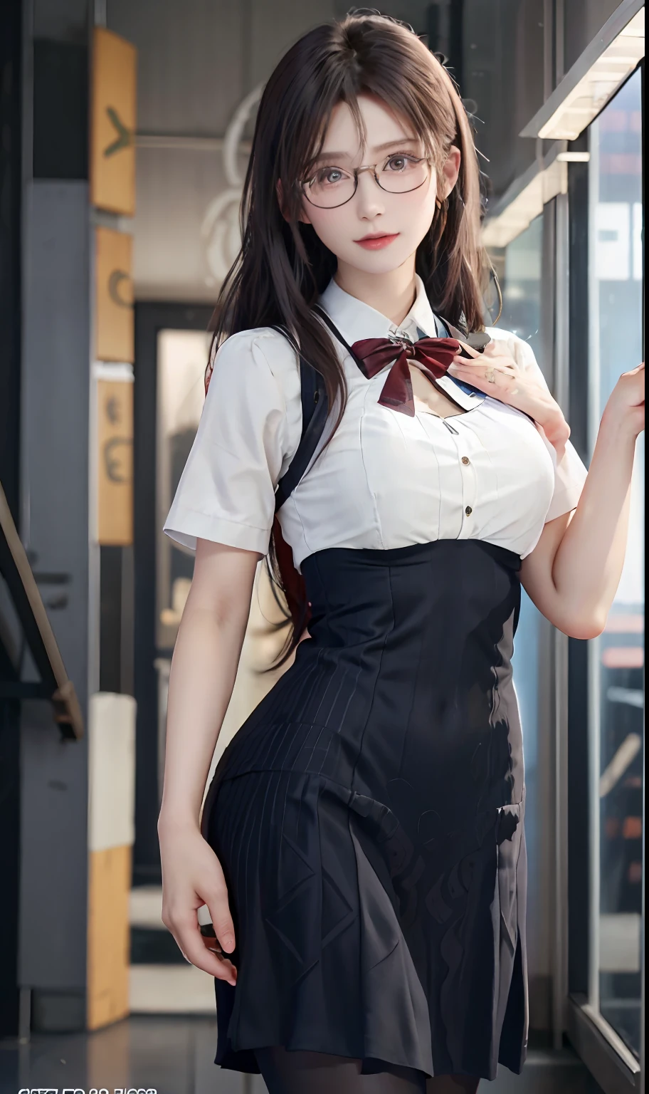 (RAW photos:1.2),high high quality,Beautiful Meticulous Girl,Highly detailed eyes and face,beatiful detailed eyes,hugefilesize,A high resolution,8k wallpaper,finely detailled,Highly detailed stock code uniform 8k wallpaper,light in face,电影灯光,16 year old girl,(photo-realism:1.4),Aircraft interior background,illustratio,ultra-realistic realism,super detailing, tmasterpiece, In the plane,stewardess,Airplane walkway,full body shot shot,Wear a flight attendant uniform,wears glasses,Bigchest,low chest,