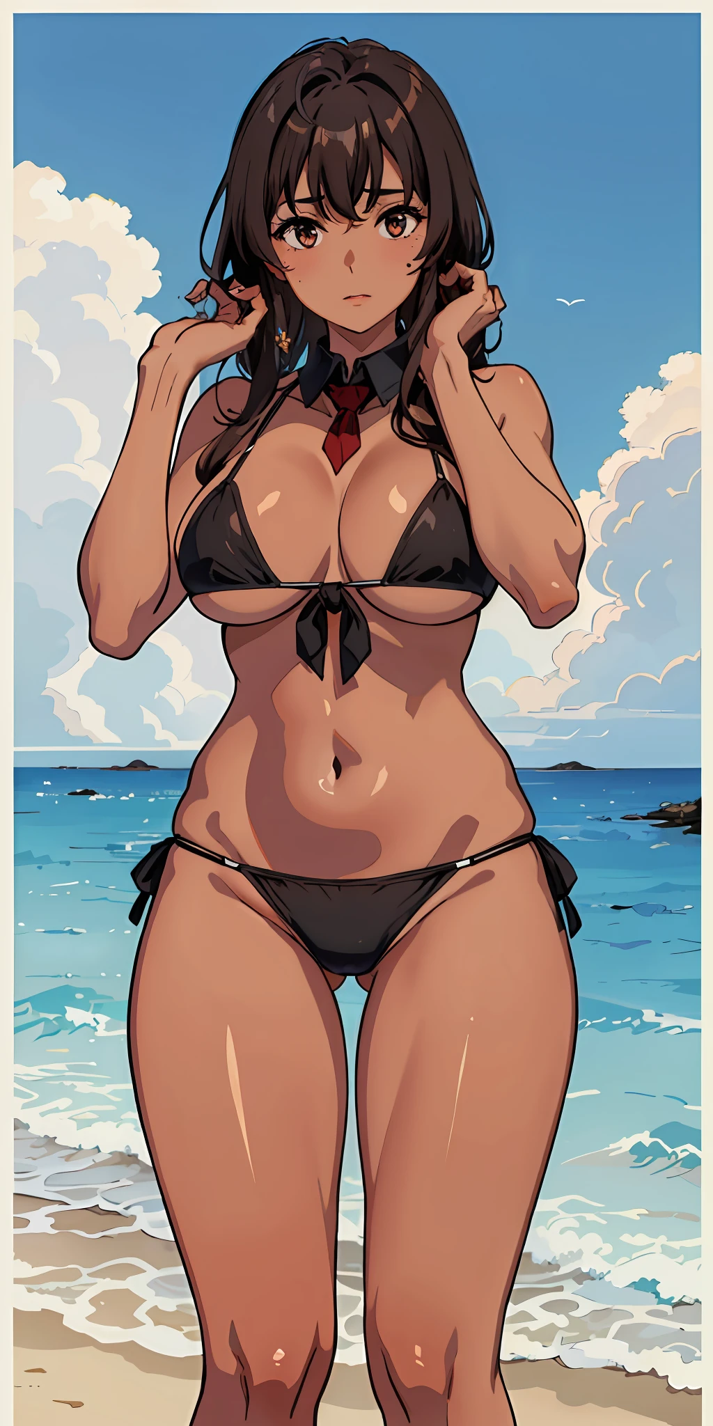 (top-quality、masterpiece)、1girl in、A stunning、((A dark-haired))、barechested、(((Brown skin tone)))、sun burn、Mole、(((Colossal tits)))、large full breasts、Sheer areol、Bikini Look、Show Bikini、neck tie、I can see my chest a little
