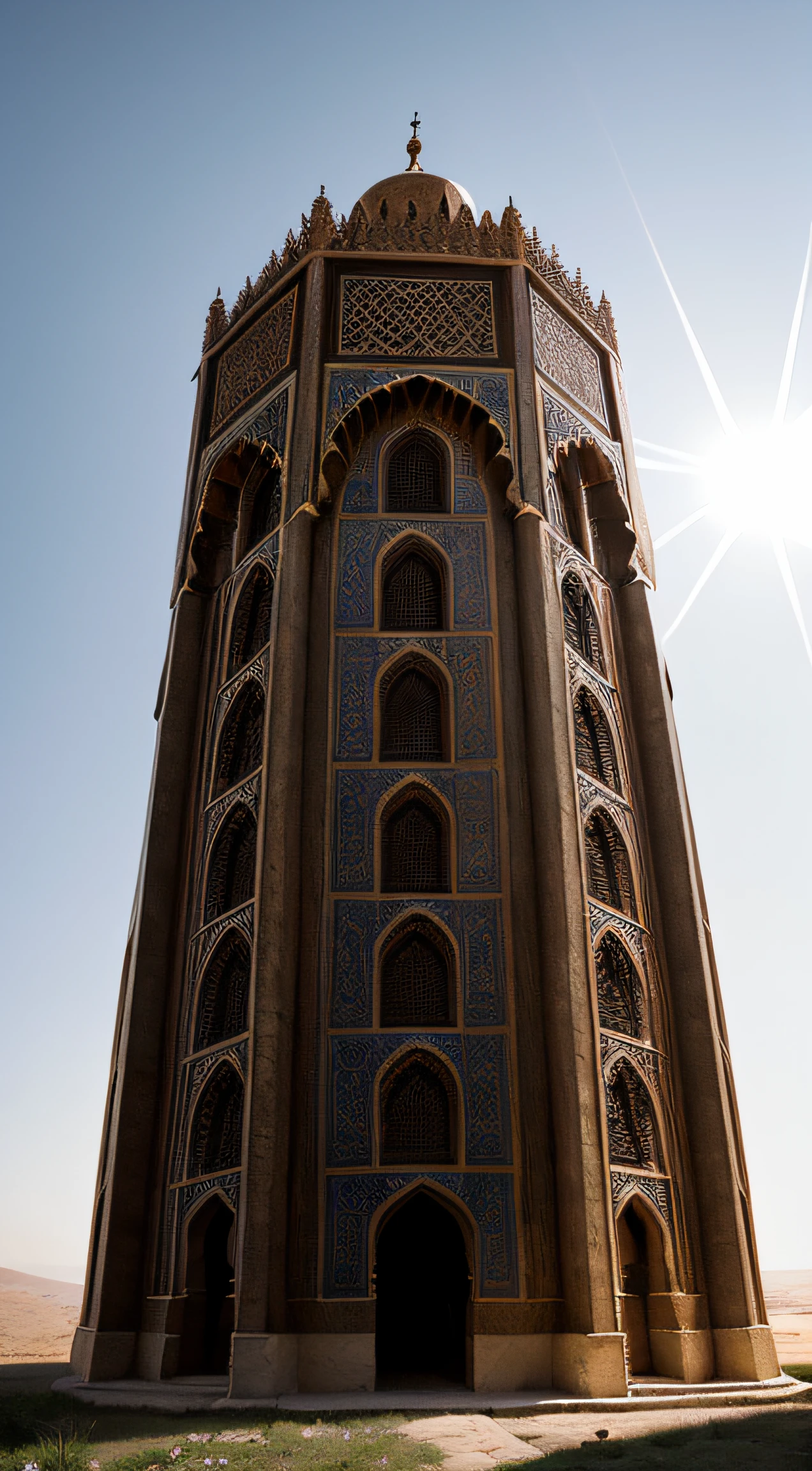 close up depiction of a medieval fantasy north african traditional royal tower, exterior, rich, elaborate, (backlighting), realistic, masterpiece, highest quality, lens flare, shade, bloom, [[chromatic aberration]], by Jeremy Lipking, by Antonio J. Manzanedo, digital painting