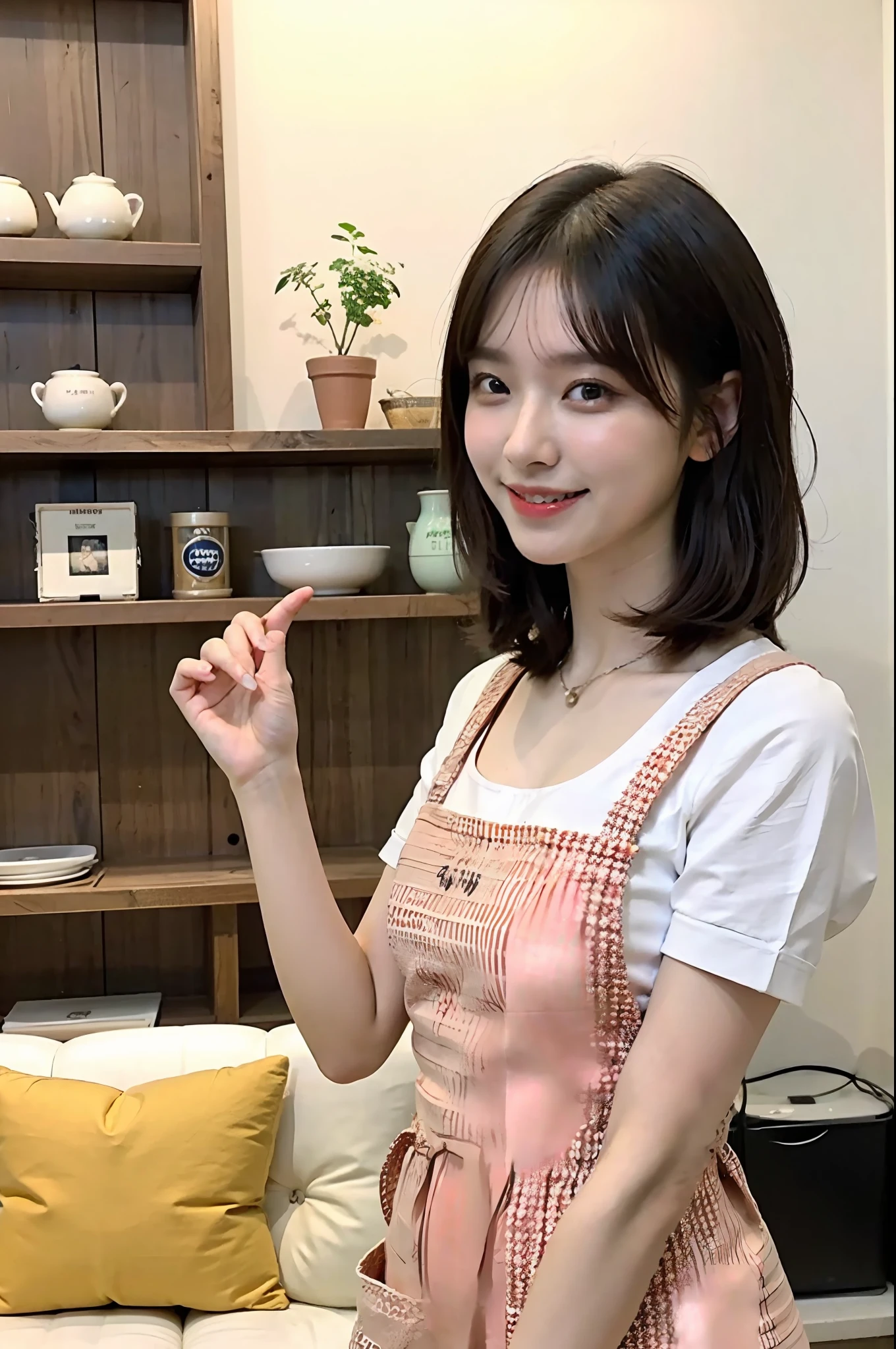 a woman is cooking、(kitchin_Apron:1.Wear 3)、Good Hand、4K、hight resolution、​masterpiece、top-quality、Cap:1.3、((Hasselblad photo))、Fine skin、foco nítido、(lighting like a movie)、Soft lighting、dynamic ungle、[:(详细的脸:1.2):0.2]、Medium chest、sweats streamed skin:1.2、(((In the kitchen))) A smile　Beautiful profile　Colossal tits　Beautiful body　Tying hair　Wide background々and a luxurious living room　Luxurious and luxurious living　Luxurious living room　Beautiful living room　Beautiful living room　A smile　an orange　lemons　A smile　Laughing　banana in　pineapple
