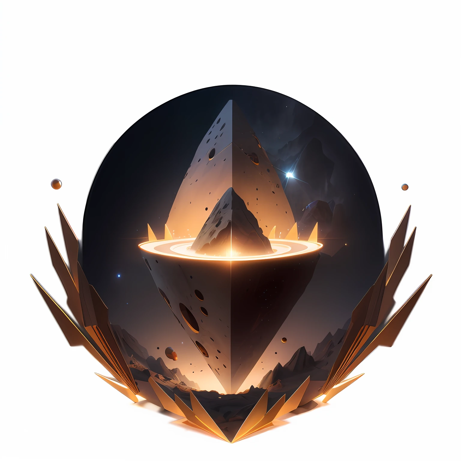 Close-up of circular object with mountains as background, 3 d render beeple, style hybrid mix of beeple, beeple masterpiece, artgem and beeple masterpiece, beeple artwork, symmetric concept art, beeple!!, arstation and beeple highly, beeple style,simplified,