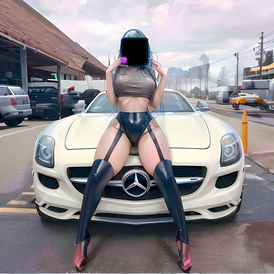 Araffe posando em um carro esportivo Mercedes em um estacionamento, inspirado em Hedi Xandt, Modelo do Instagram, Mercedez Benz, Directed by: Hedi Xandt, tamanho real, corpo inteiro feminino, sentada em seu carro, Kylie Jenner como Mulher-Gato, skydoll noa |, em um manequim. alta qualidade, parece realista, fotorrealista de corpo inteiro