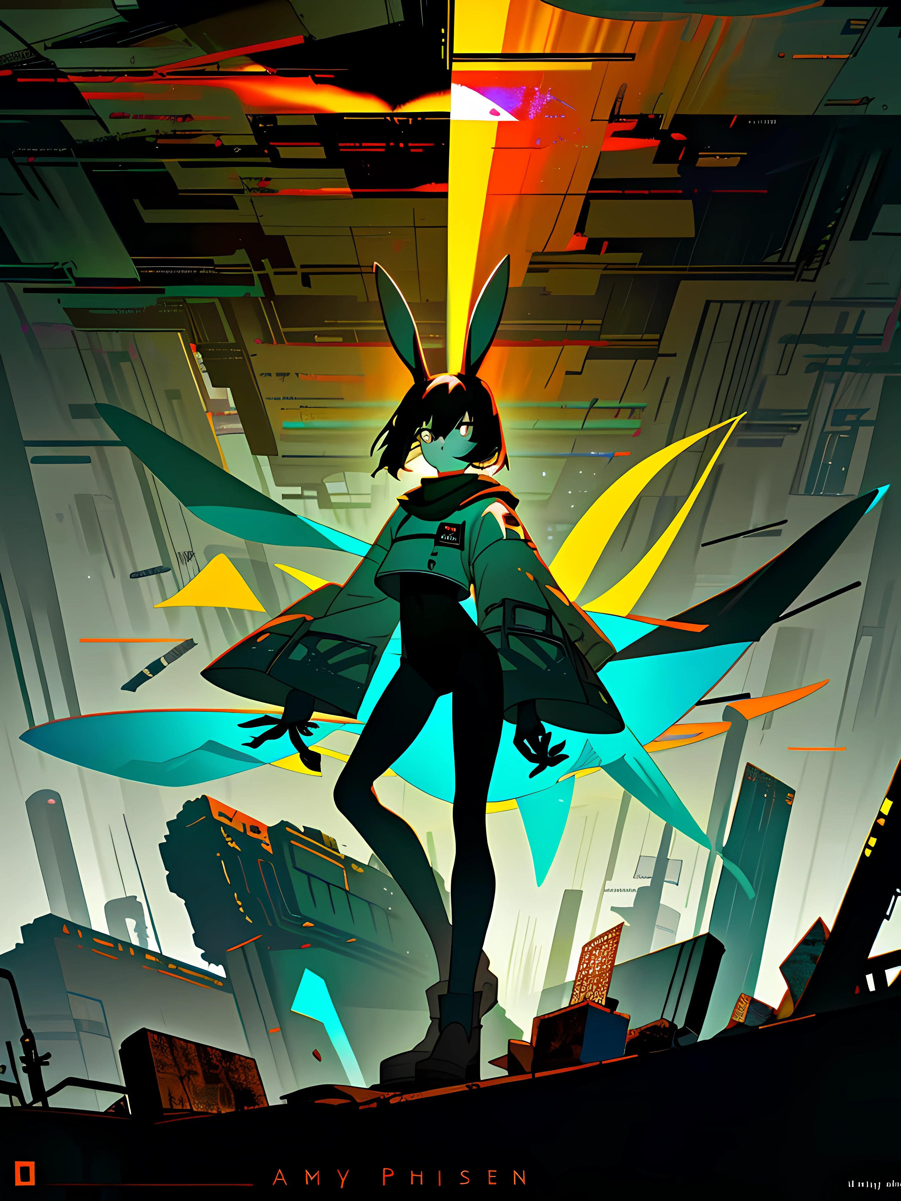 (blame! style abandoned tech landscape), (Zen, Amy Sol style), (underground, dark, foggy, perilous, abandoned dystopian apartment bedroom, deep windows), (abstract anthro rabbit figure wearing bunny ears by crescent moon), cover art with light abstraction, abstract, simple vector art, contemporary Cybernetic art, color gradients, soft color palettes, layered forms, whimsical animation, style Ethereal abstract, 4K, --v6