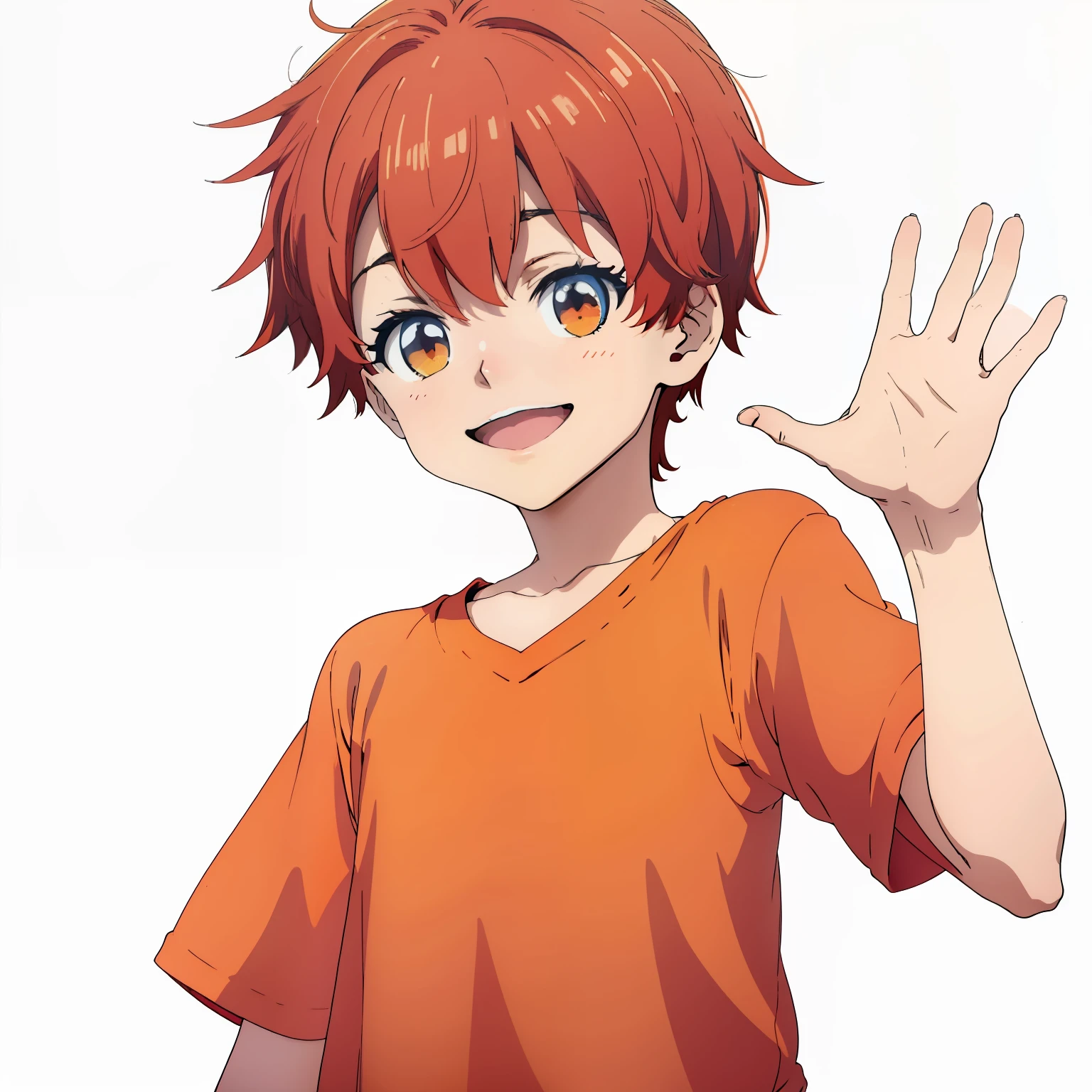 Anime boy, , smile, short hair, hair colour red, wear orange clothes, wave hand