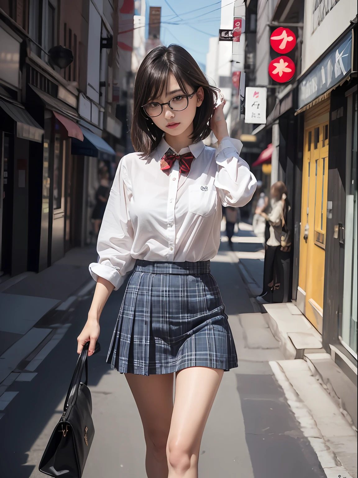 (8K、Raw photography、top-quality、masterpiece:1.2),absurderes,a small face,small tits,flat breast,Parting the bangs from the middle、Forehead visible,(Tight eyes,Bullish,skinny,Rasping,irate)、masterpiece,top-quality、超A high resolution,Raw photo,ren,Beautiful fece,One Person, 独奏,eye glass,,Dark look,Small breasts,fullllbody,Round glasses、cute little、A Japanese Lady,is standing,(Tight eyes,Bullish,skinny,Rasping,irate,small tits,flat breast)、(Photorealsitic:1.37)、Photon mapping,Light blue ribbon,Realistic、Cute little face,Brown-eyed、Black socks、(Red bow tie)、Radio City、Physically Based Rendering、Foreground、depth of fields、Blurry background、a picture,The girls、Body, Long legs, Thin leg,Semi-long,(Bangs are visible), hair, s lips, Blue_The eye, nosesoft,White shirt, Navy blue and white plaid pleated skirt, Knees are visible,Sheer clothing,, Thigh, Black cotton socks,Nogizaka Idol, 女優, Japanese ido