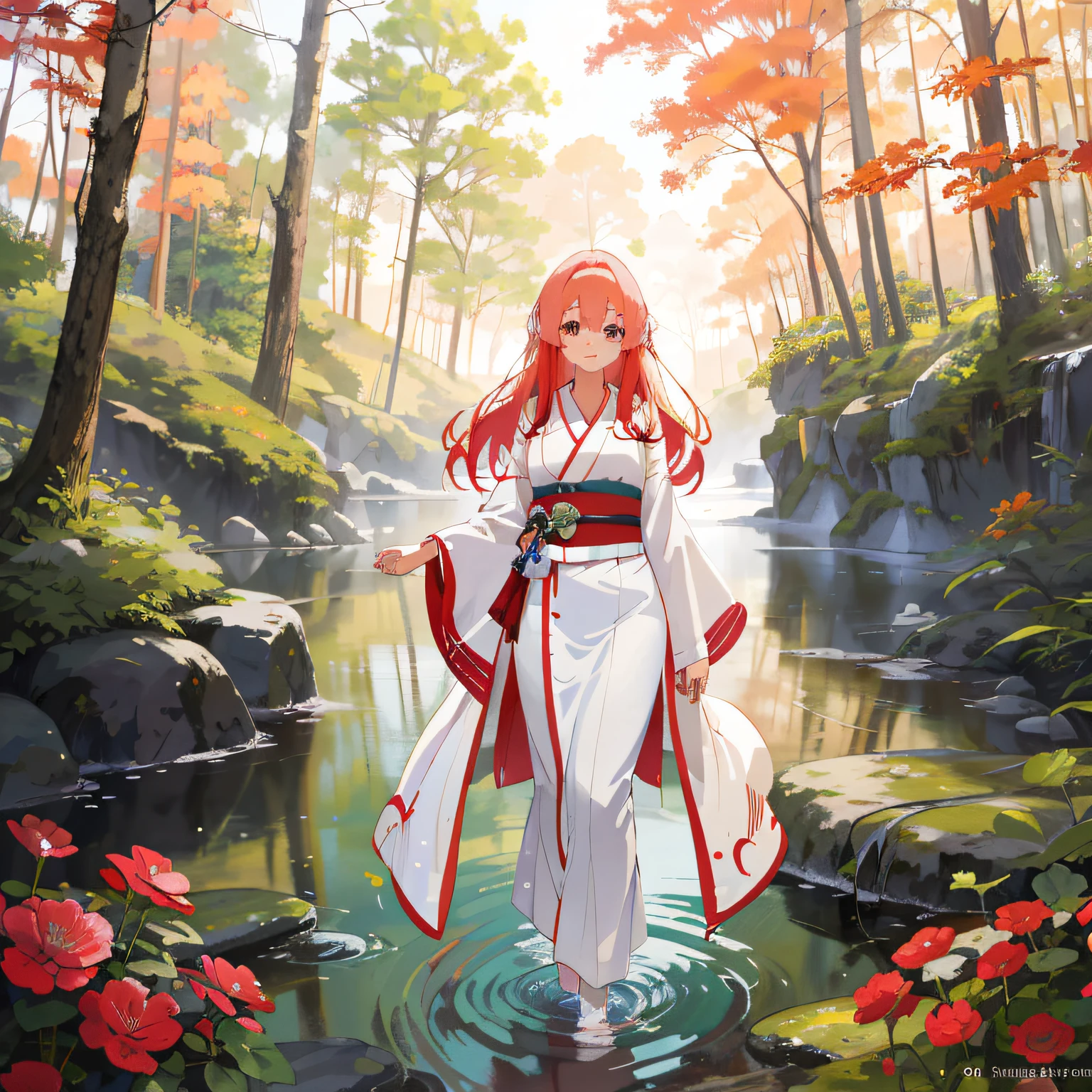 Anime girl walking through the water in white kimono, flowing white robe, Beautiful anime artwork, anime lush john 8k woods, Also, Anime girl walking on water, style of anime4 K, Beautiful anime art, anime beautiful peace scene, Anime fantasy illustration, goddess of autumn, Official anime artwork, offcial art, trending on artstation pixiv, Official artwork