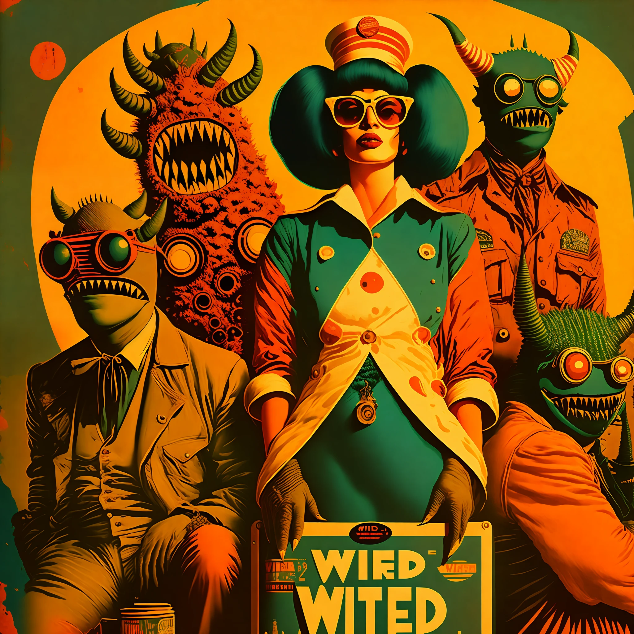 a ((((([crew of wierd, monsters creatures ])))))), ( full body shot) smoking big joints, nostalgic vibes, vintage, the 6 0 s, 1970s, 1950s, 1960s, Very colourful poster, thirds rule, inspiring, 1970, high quality artwork, poster art style, promotional artwork, hiphop, high quality wallpaper, in a retro or vintage style, reminiscent of classic advertisements or posters. Use warm colors, capturing the nostalgic feel of vintage artwork, side view, from below