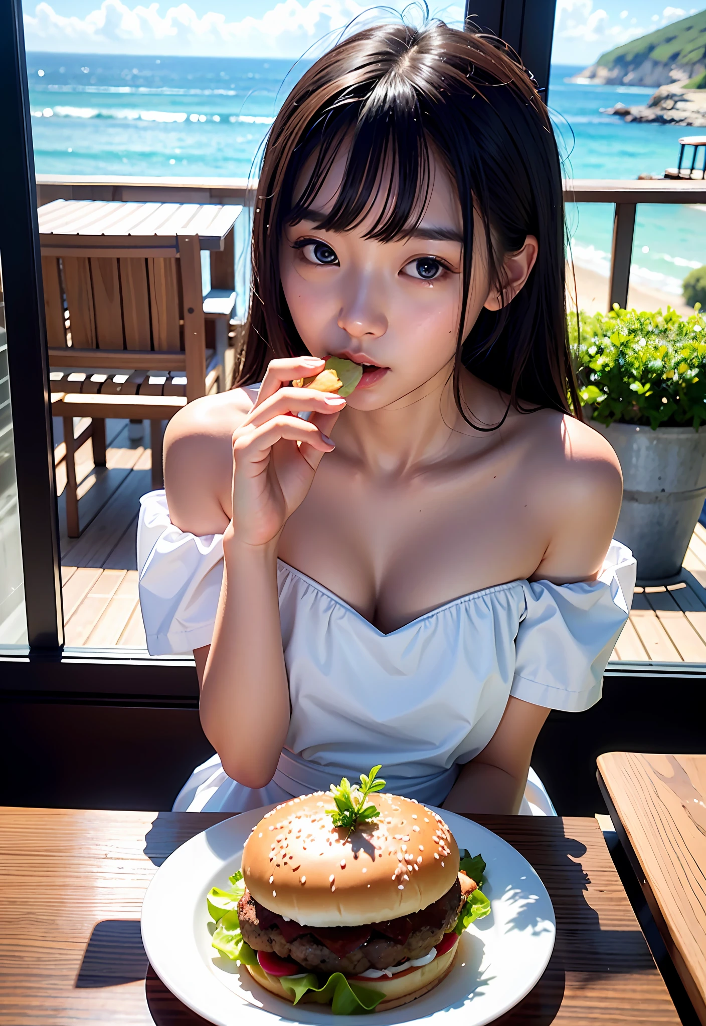 8K、Top image quality、masterpiece、夏天、20yr old、(1 adult female)、Off-the-shoulder dresses、Eating moments、by the window、ocean view、Eat a burger in a café、Eat with your mouth wide open、Looks deliciously cheeky、(Expressions that you can enjoy to the fullest)、Cinematic lighting、