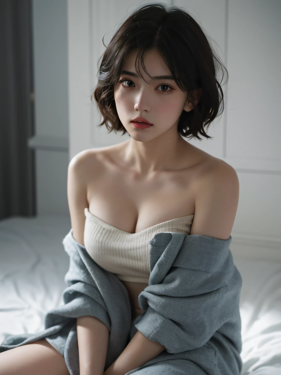Best quality, masterpiece, ultra high res, (photorealistic:1.5), raw photo, 1girl, offshoulder, in the dark, deep shadow, low key, cold light, sexy look, short hair