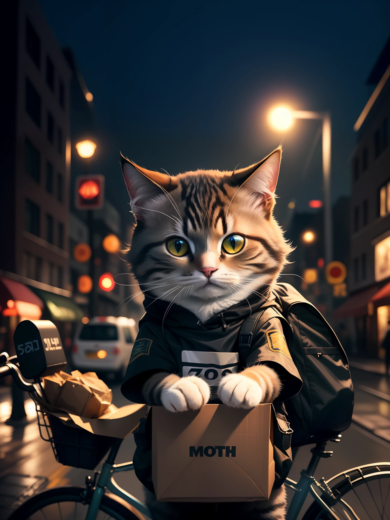 Aalfi cat in jacket riding a bicycle，There is a box in the back, Cycling cat, wojtek fus, lovely digital painting, author：John Ragatta, portrait shooting, biker, anthropomorphic cat, world boss kitten, Cute cat, close up portrait shot, author：Matthias Koroth, highly realistic photograph,