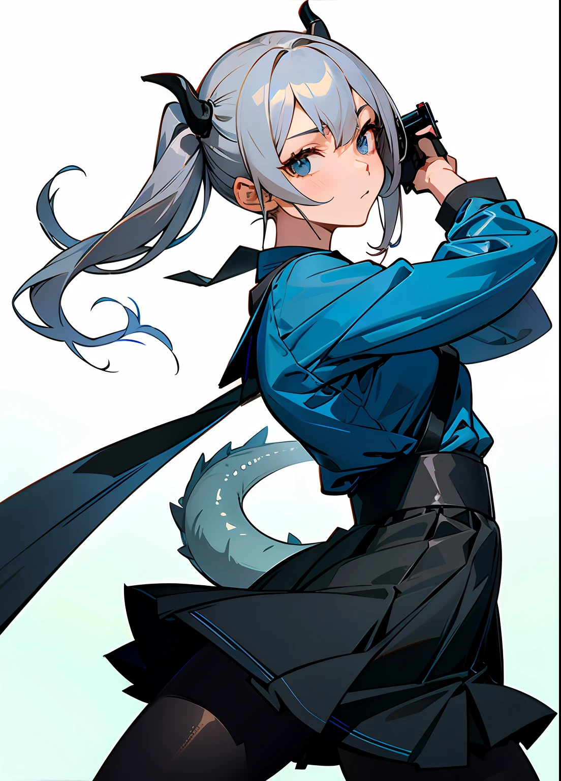 schoolgirls,medium boob,Gray colored hair,blue color eyes,the street,城市,pony tails,holding gun,hand gun,solo person,Tights black silk,The picture is detailed,Peaceful and gentle,Dragon's horn,Dragon tail,style of anime,校服
