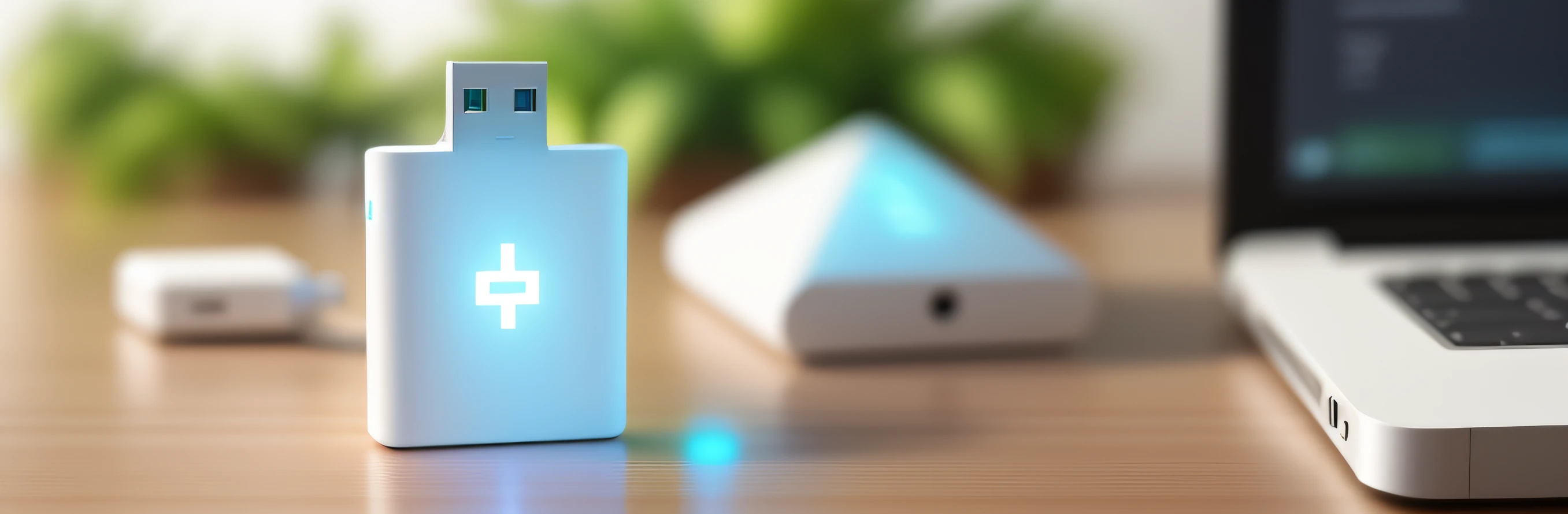The body is a white USB flash drive,Place on the desktop, SleekDesign, Product photo, Clean home background,Greenery,the sideview, sense of science and technology,Realistic scenes,8K,3Drenderingof,Medium view