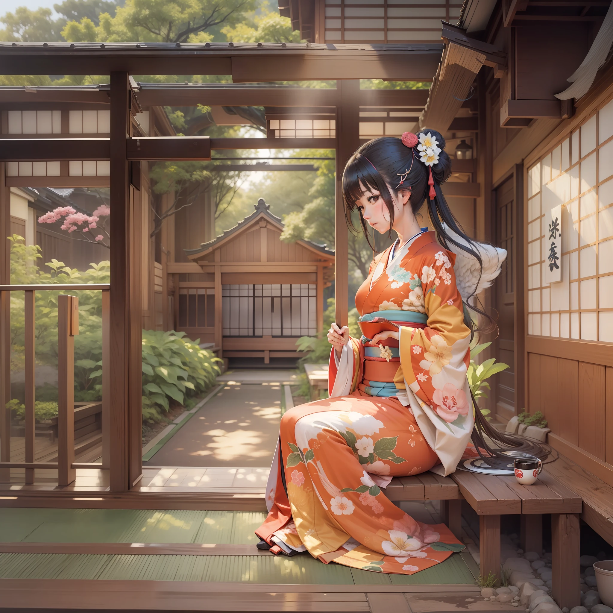 On the porch of a Japan house,cool off,Dressed in kimono,angelicales,female pervert,