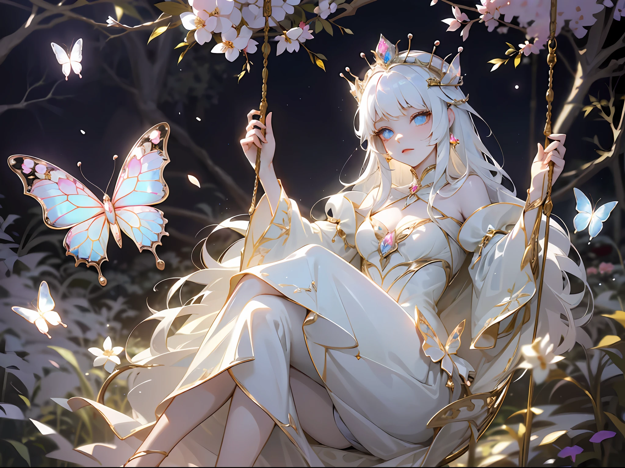 1 woman with a crown，the night，Sitting on a swing in the garden，dream colors，Beautiful and elegant butterfly queen, Guviz, Fantasy art style, 8K high quality detailed art, Butterfly Lord, Beautiful and seductive butterfly princess，digital fantasy art , ellegance, (long  white hair，White-colored skin，The skin is translucent white，sparkle in eyes，Wearing a beautiful dress，Gold wire butterfly sleeves，beautiful  face，Lonely pale face），Glow-in-the-dark flowers，Particle，Glow，Guviz-style artwork, WLOP Art,