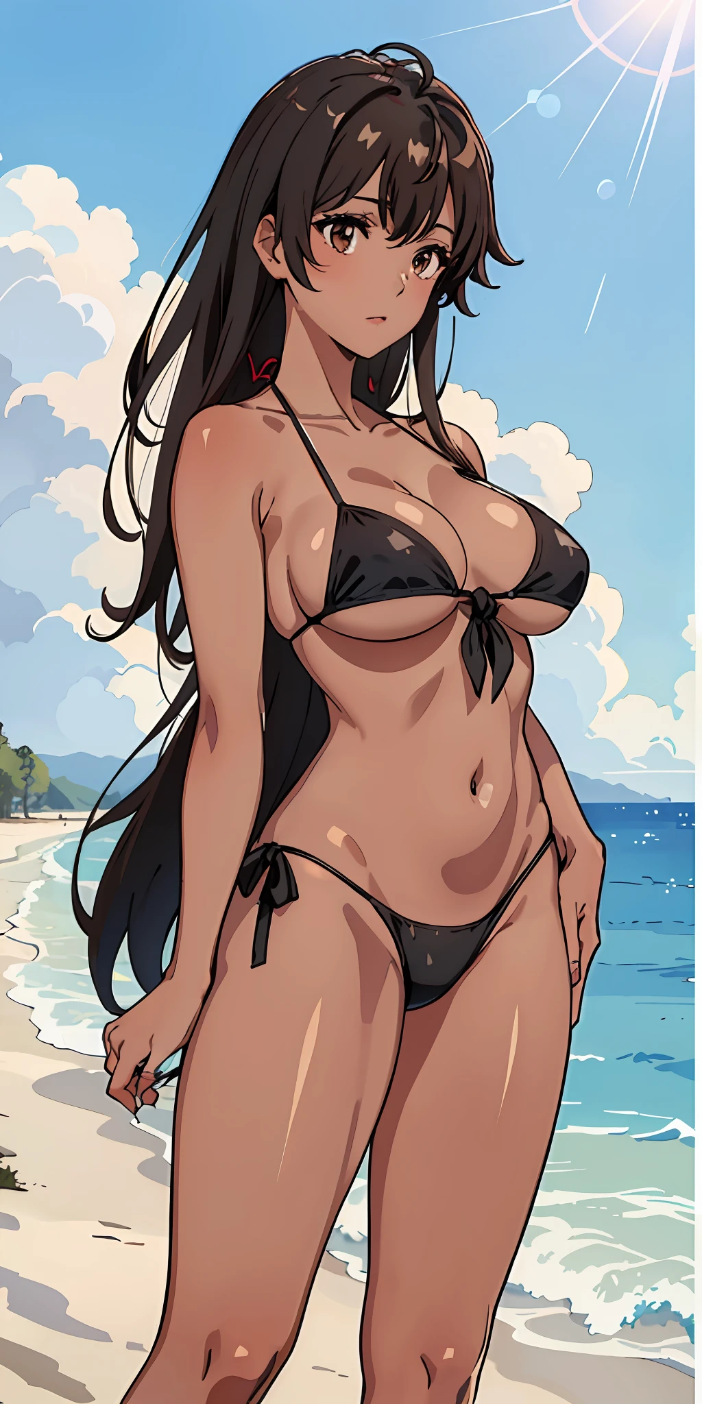 (top-quality、​masterpiece)、1girl in、A stunning、((A dark-haired))、barechested、((frontage))、(((Brown skin tone)))、sun burn、Mole、(((Colossal tits)))、large full breasts、Sheer areol、Bikini Look、Show Bikini、neck tie、I can see my chest a little