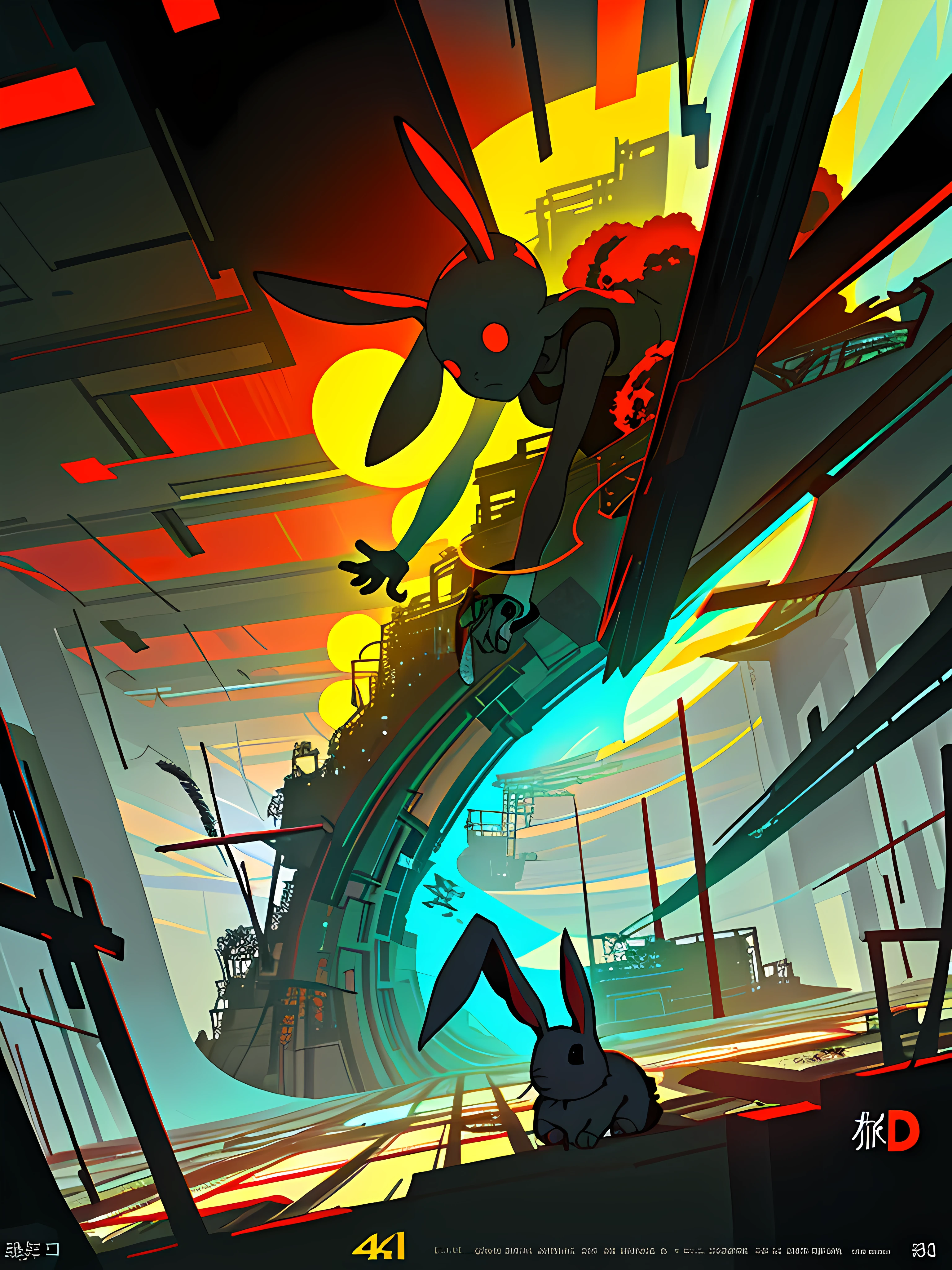 (blame! style abandoned tech landscape), (Zen, Amy Sol style), (underground, dark, foggy, perilous, abandoned dystopian apartment bedroom, deep windows), (abstract anthro rabbit figure wearing bunny ears), cover art with light abstraction, abstract, simple vector art, contemporary Cybernetic art, color gradients, soft color palettes, layered forms, whimsical animation, style Ethereal abstract, 4K, --v6