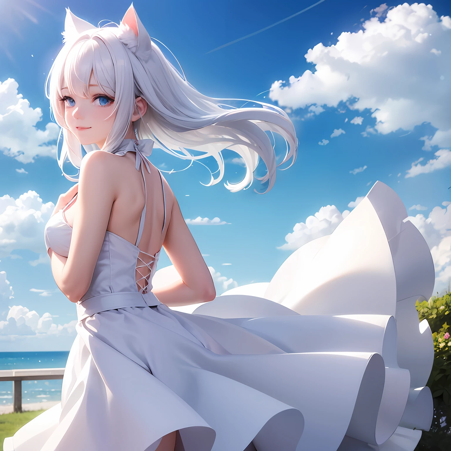 White hair, cat ears, blue eyes cute posture, white slip skirt breeze blowing, high definition, background blue sky and white clouds, posture looking back and smiling
