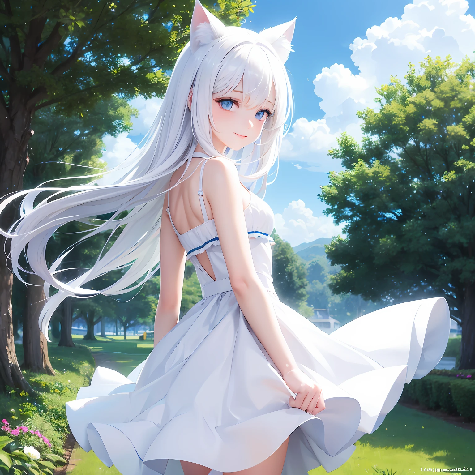 White hair, cat ears, blue eyes cute posture, white slip skirt breeze blowing, high definition, background blue sky and white clouds, posture looking back and smiling