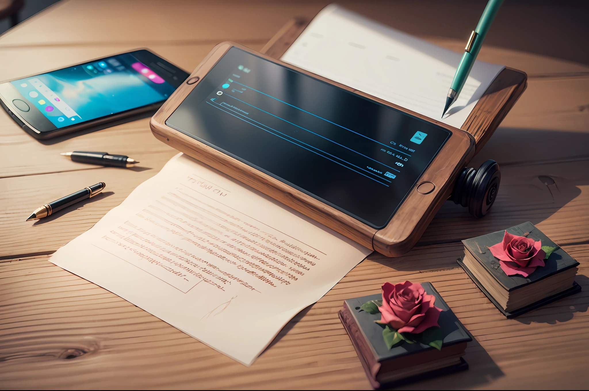 a rose BLUE on the old wood tablet with papel and pen --auto --s2
