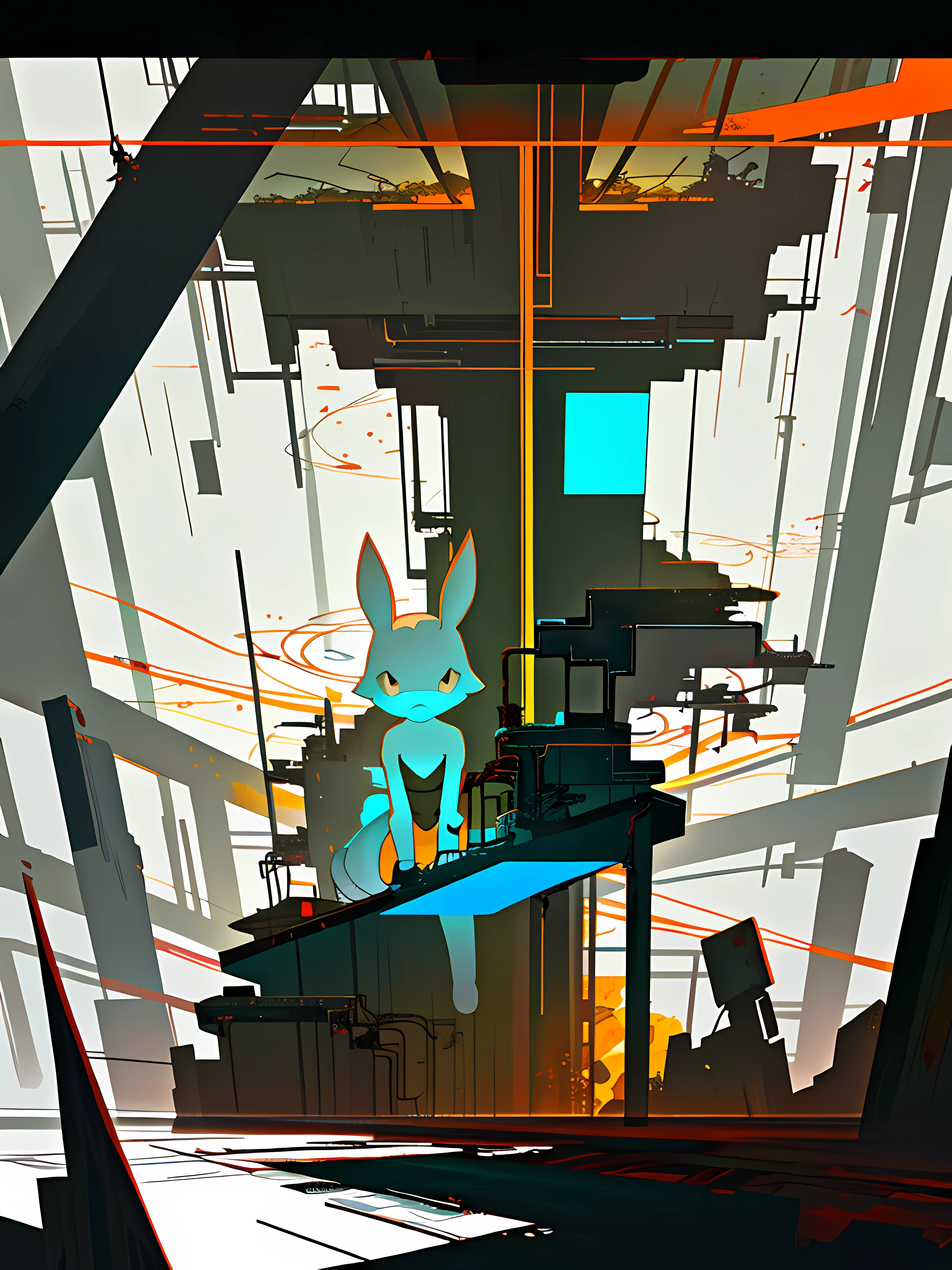 (blame! style abandoned tech landscape), (Zen, Amy Sol style), (underground, dark, foggy, perilous, abandoned dystopian apartment bedroom, deep windows), (abstract anthro rabbit figure wearing bunny ears), cover art with light abstraction, abstract, simple vector art, contemporary Cybernetic art, color gradients, soft color palettes, layered forms, whimsical animation, style Ethereal abstract, 4K, --v6