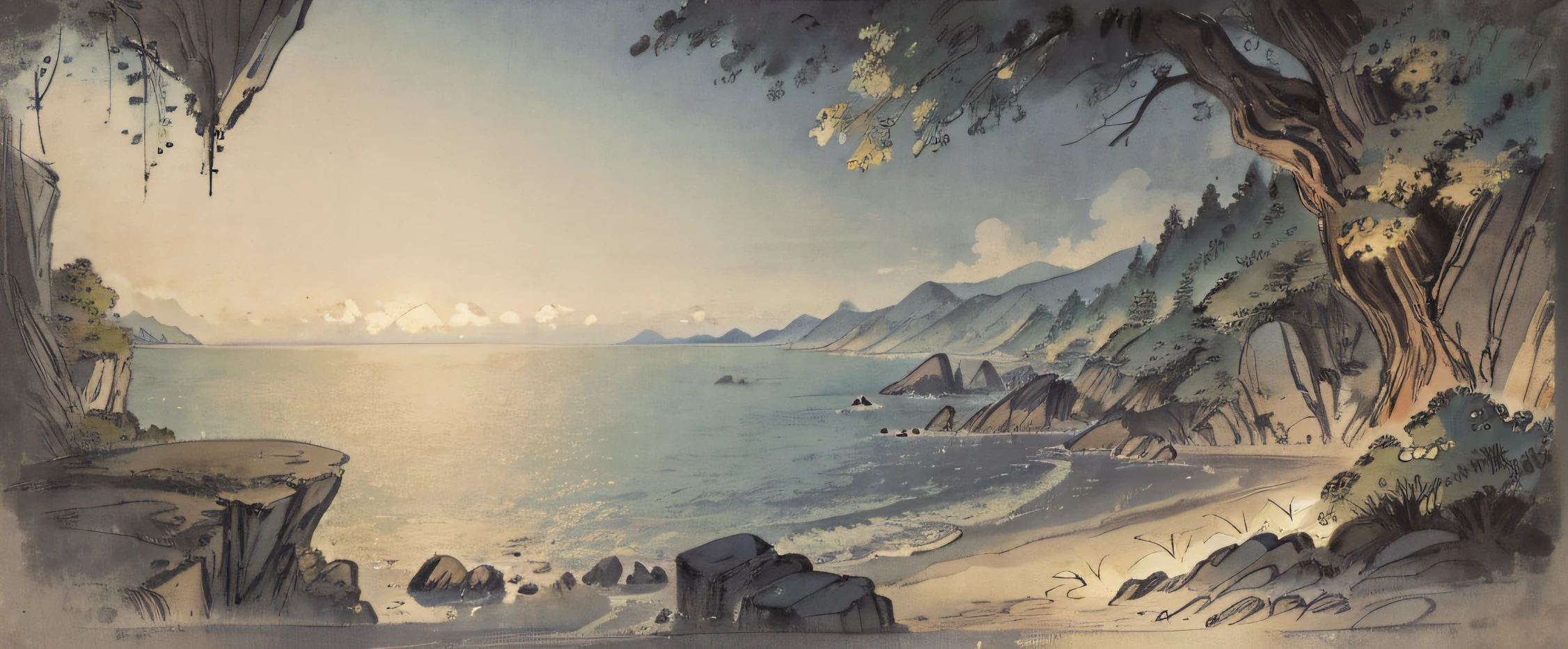 Dark Ancient Japanese sketch of rocks near the beach, green forests(view from a cliff) looks at the islands in the ocean during Night on a canvas. (canvas texture)