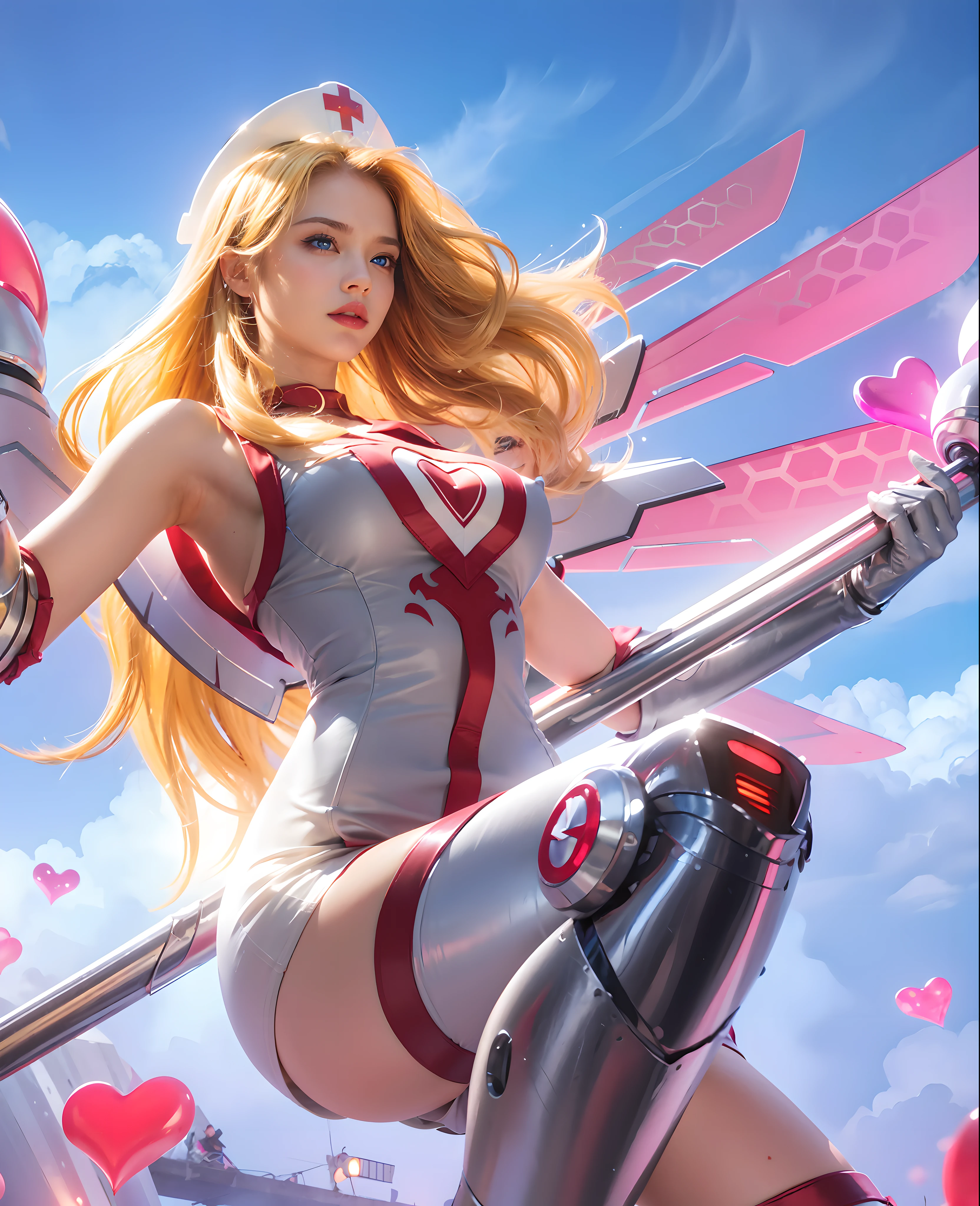 (female:1.2), 8k, ultra hd, ultra detailed texture, hyper realistic, masterpiece, detailed texture, detailed face, detailed skin, detailed lighting, (photorealistic:1.5), best quality, beautiful lighting, cinematic lighting, professional lighting, ultra highres, realistic, detailed hair, real hair, high quality, (realskin:1.5), extremely detailed, finely detail, ultra-detailed, 1girl, solo, goddess, nurse, flying, (blue eyes:1.5), pink lips, closed mouth, nose, white skin, pretty, beautiful, make up, cute face, long hair, blonde hair, large breasts, armpit, thighigh, ass, bare shoulder, mechanical wings, official alternate costume, nurse cap, white dress, cloudy sky, sleeveless, taut clothes, leotard skirt, iron legwear, iron knee protector, iron elbow gloves, rafaela \(mobile legends\), holding, heart, outstretched arm, depth of field, looking aways, from below, skin tight, amazing pose, outdoors, sunlight, glowing, blue sky, blurry background