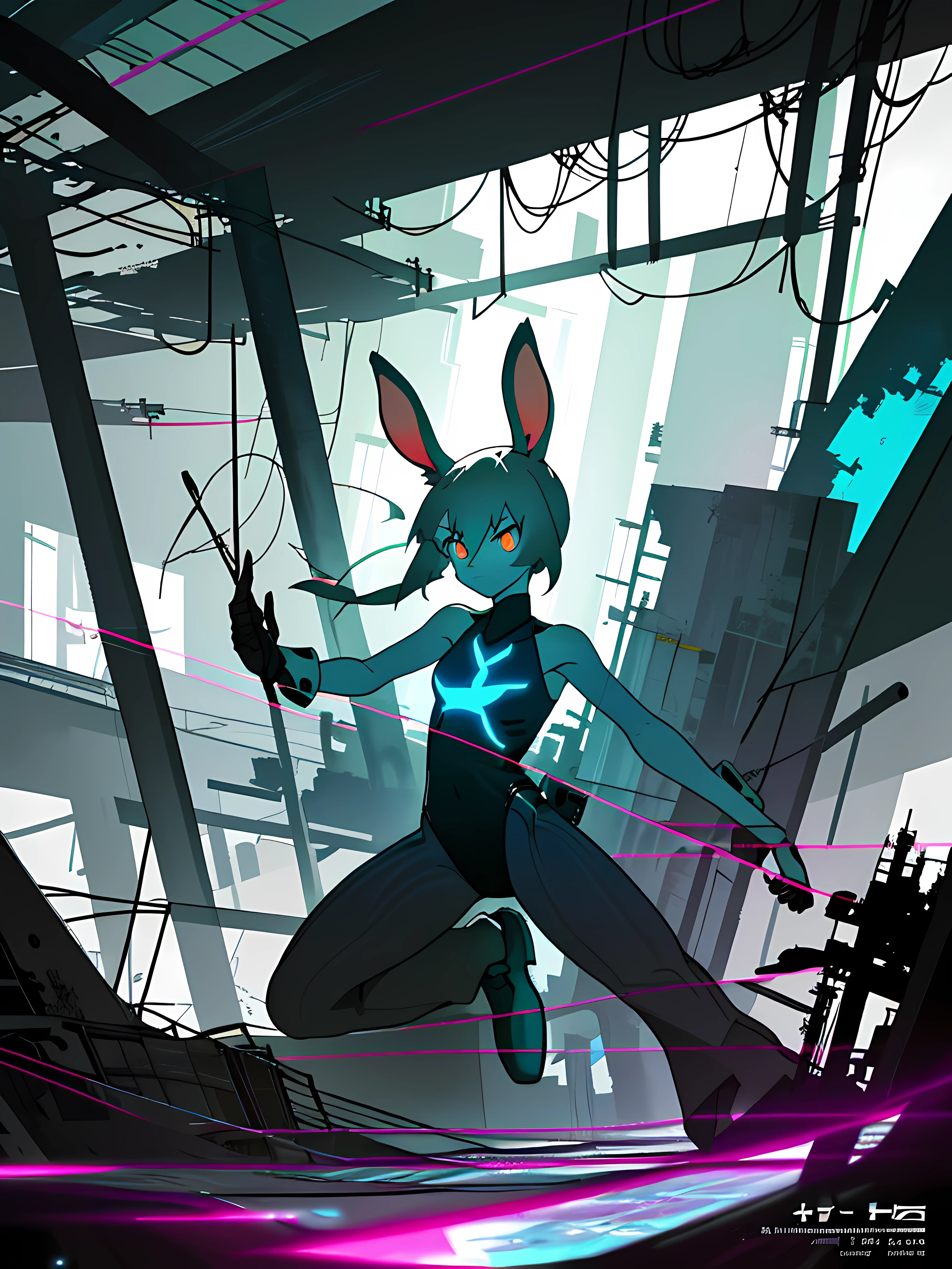 (blame! style abandoned tech landscape), (Zen, Amy Sol style), (underground, dark, foggy, perilous, abandoned dystopian apartment bedroom, deep windows), (abstract anthro rabbit figure wearing bunny ears), cover art with light abstraction, abstract, simple vector art, contemporary Cybernetic art, color gradients, soft color palettes, layered forms, whimsical animation, style Ethereal abstract, 4K, --v6