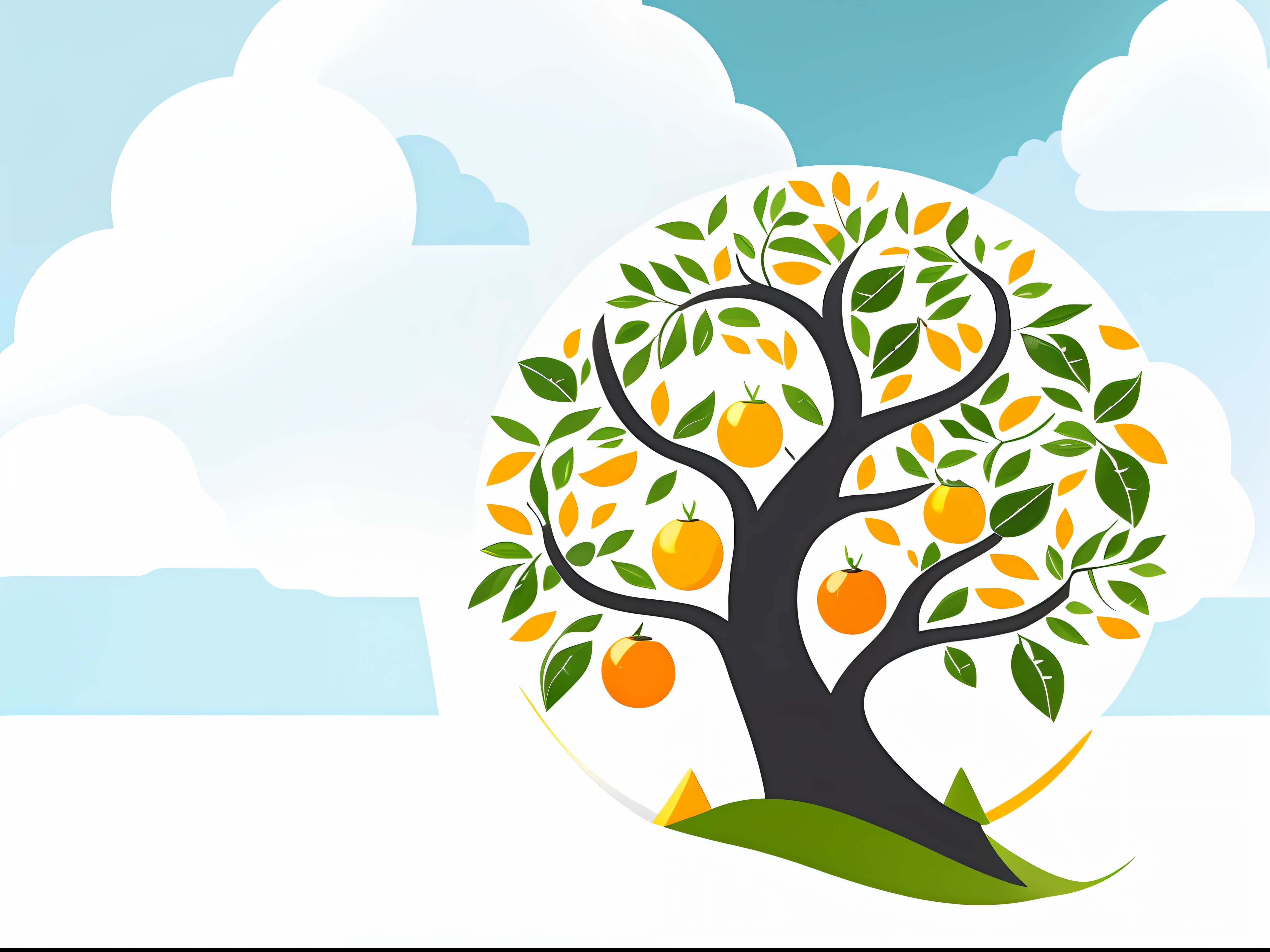There is a tree in the sky，There are oranges growing on it, Simple illustration, tree of life seed of doubt, background-image, logo without text, header with logo, Clean and simple design,Milk background， White background, wide screenshot, slick design, full device, clean and pristine design, Created in Adobe Illustrator, illustration”, centered in image, logo, logo, central tree