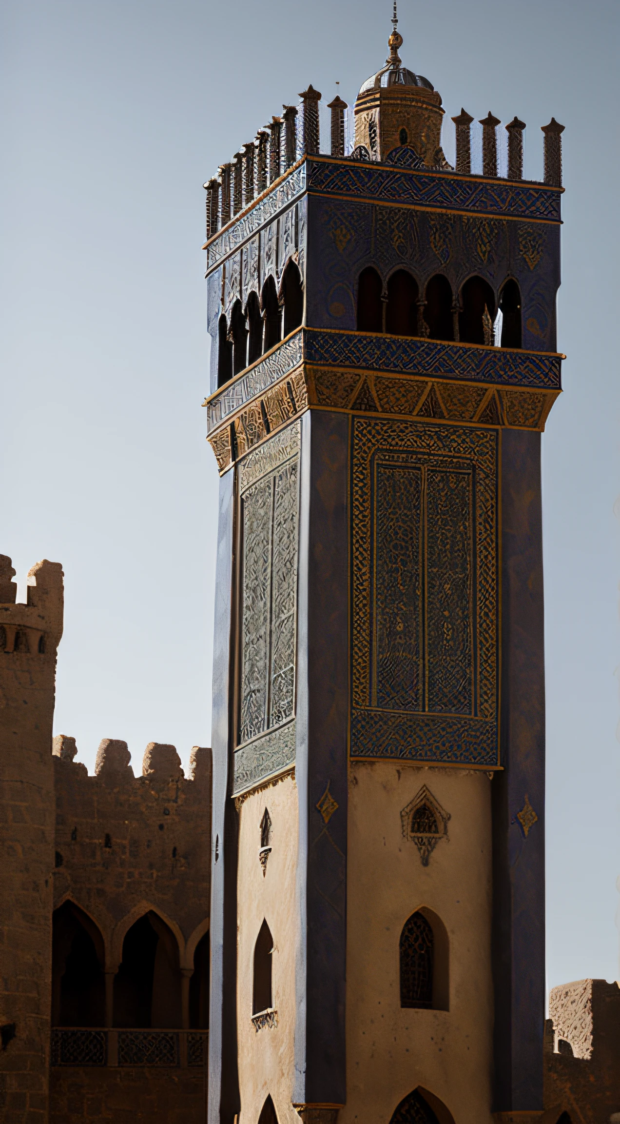 close up depiction of a medieval fantasy north african traditional royal tower, exterior, rich, elaborate, (backlighting), realistic, masterpiece, highest quality, lens flare, shade, bloom, [[chromatic aberration]], by Jeremy Lipking, by Antonio J. Manzanedo, digital painting