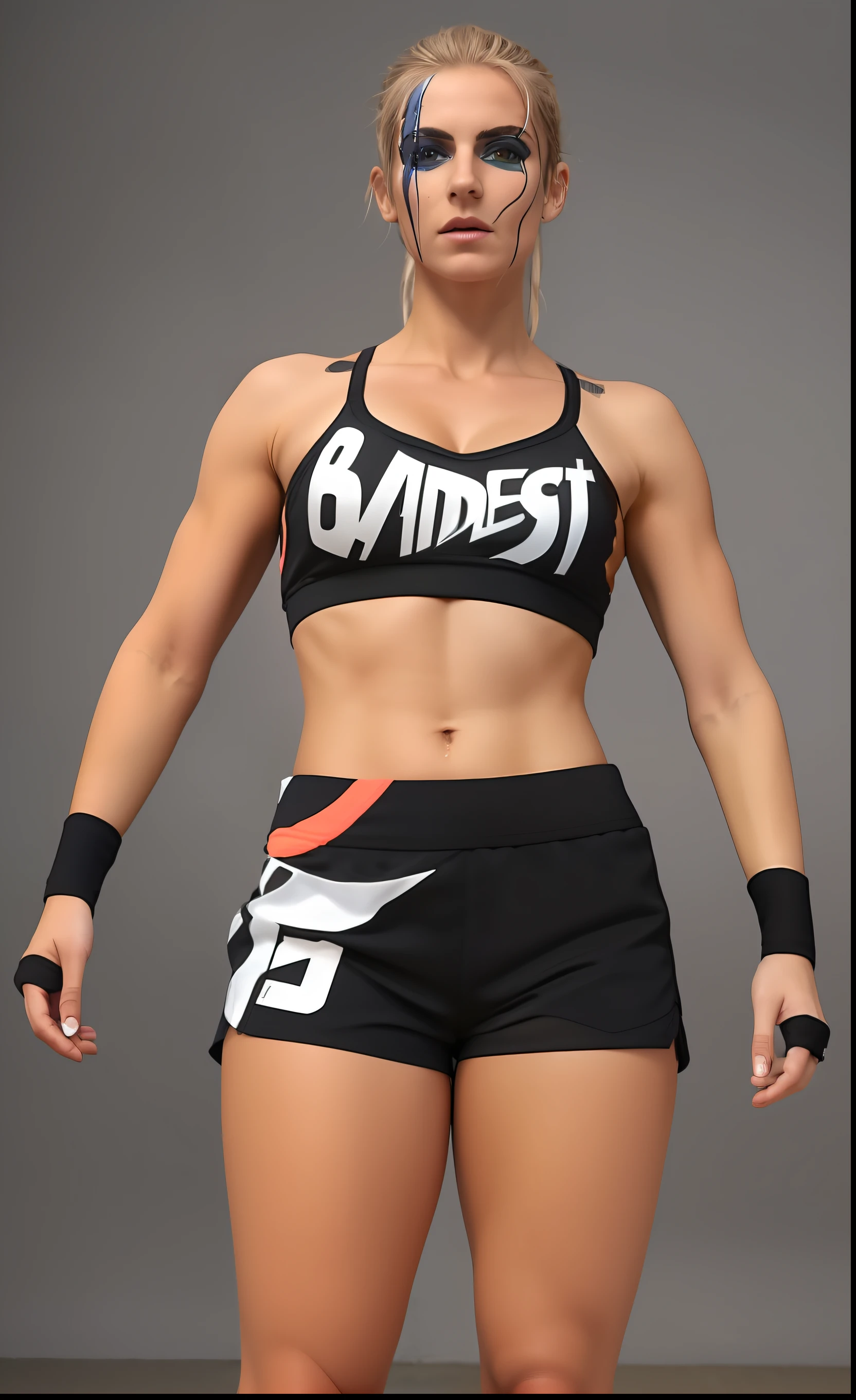 (Chef d'oeuvre,8k, premier quality, True to the image) A woman of Swedish origin dressed in a black top and shorts with face paint at eye level in black and red gradient, Yeux verts, cheveux courts et blonds ,soutien-gorge et shorts streetwear, Soutien-gorge inscrit "Baddest" et short de sport, Le plus petit midriff de tous les temps, Pose badass, Tight black tank top and shorts, sports bra and dark blue shorts, soutien-gorge et chemise de sport, female outfit, croptop et shorts, Ventre nu, Barechest, Realistic and detailed body