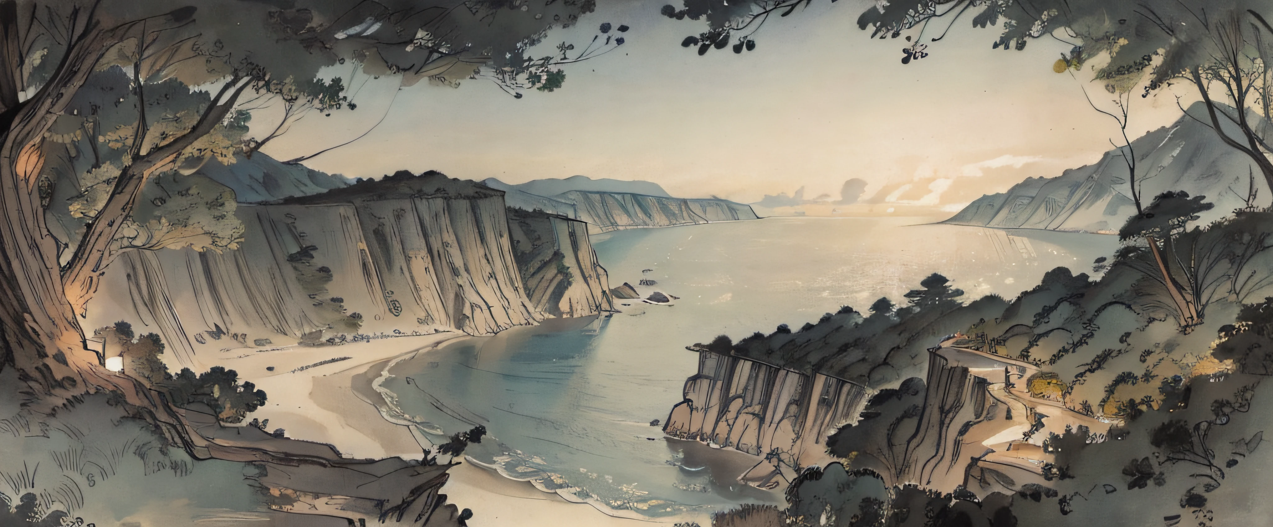 Dark Ancient Japanese sketch of cliffs near the beach forrest behind him(view from a cliff) looks at the islands in the ocean during Night.