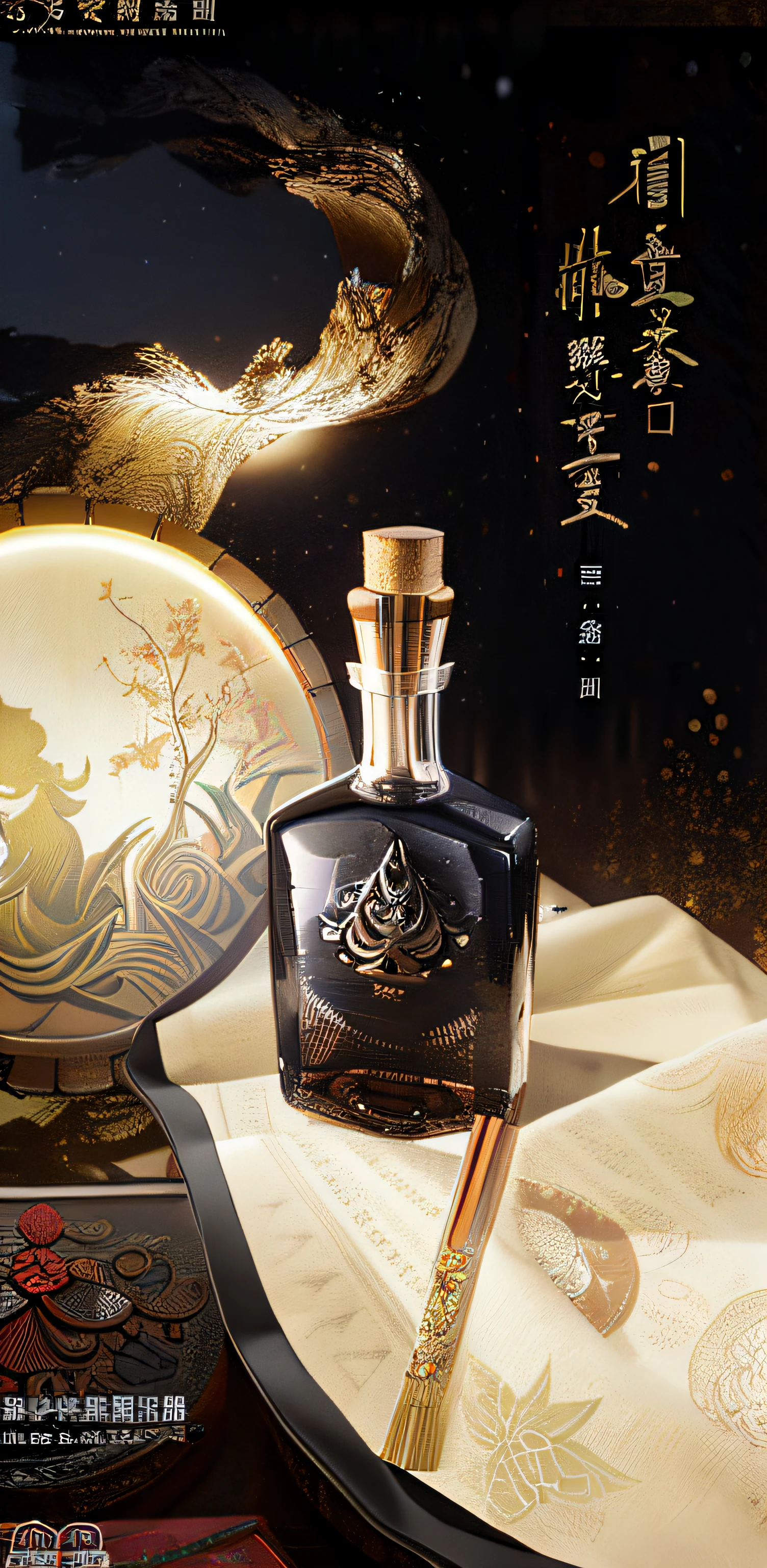 There was a bottle of wine on the table,The background is the moon, Wang Chen, very fancy whiskey bottle, oil painting of whiskey bottle, xianxia fantasy, Ancient sword, inspired by Zhang Wo, fancy whiskey bottle, inspired by Xuande Emperor, inspired by Zhang Sengyao, Chiba Yuda