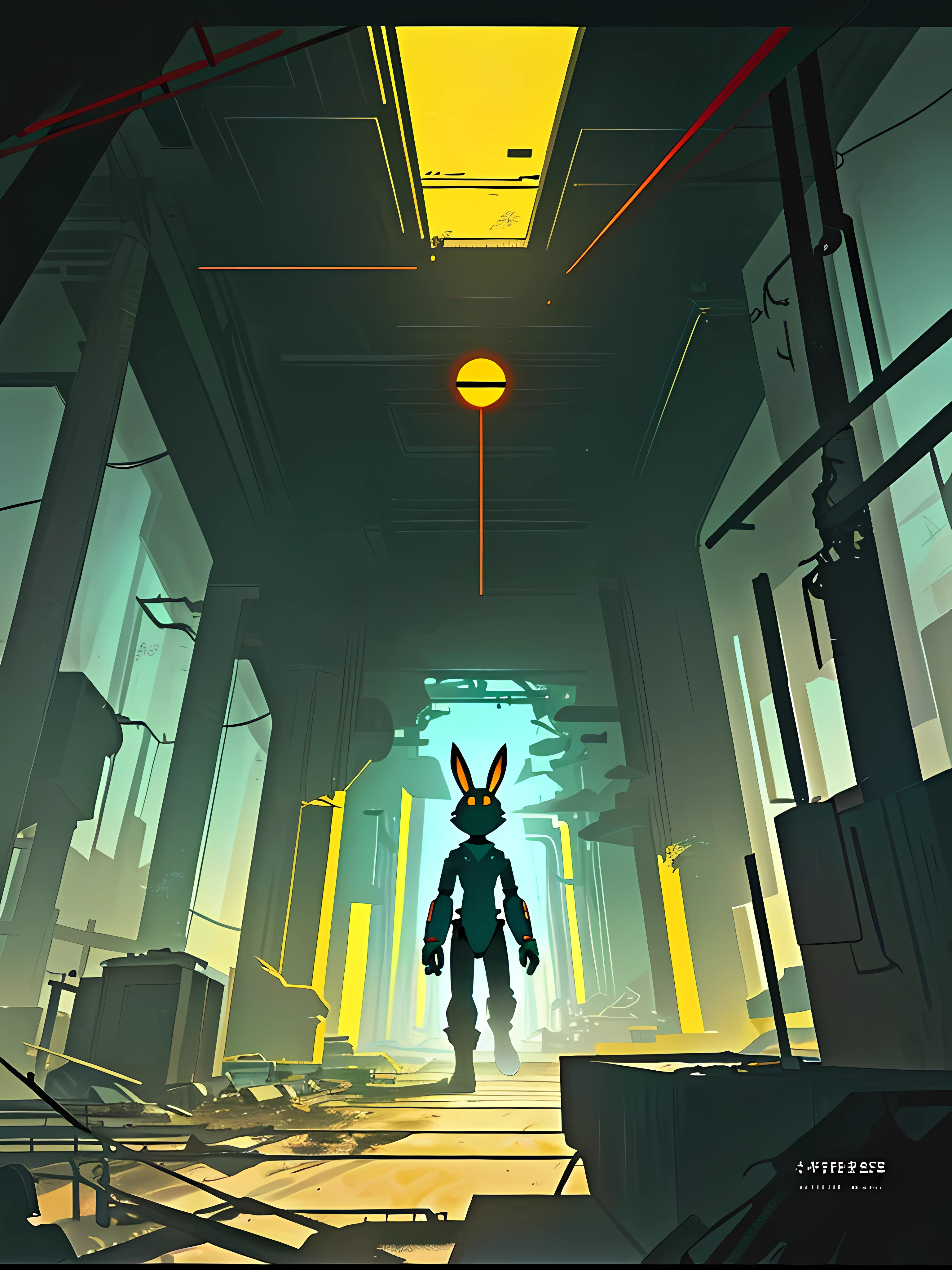 (blame! style abandoned tech landscape), (Zen, Amy Sol style), (underground, dark, foggy, perilous, abandoned dystopian apartment bedroom, deep windows), (like a tunnel that you follow to a tunnel of its own down a hollow in a cavern where the sun has never shone), (abstract anthro rabbit figure wearing bunny ears), cover art with light abstraction, abstract, simple vector art, contemporary Cybernetic art, color gradients, soft color palettes, layered forms, whimsical animation, style Ethereal abstract, 4K, --v6