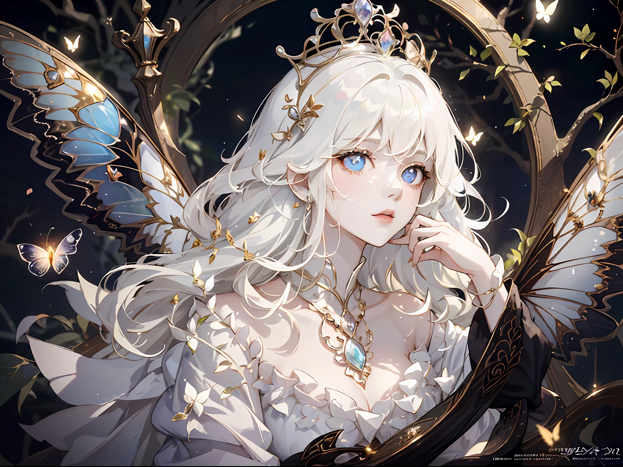 1 woman with a crown，the night，Sitting on a swing in the garden，Beautiful and elegant butterfly queen, Guviz, Fantasy art style, 8K high quality detailed art, Butterfly Lord, Beautiful and seductive butterfly princess，digital fantasy art , ellegance, (long  white hair，White-colored skin，The skin is translucent white，sparkle in eyes，Wearing a beautiful dress，Scalloped sleeves，beautiful  face，Lonely pale face），Glow-in-the-dark flowers，Particle，Glow，Guviz-style artwork, WLOP Art,