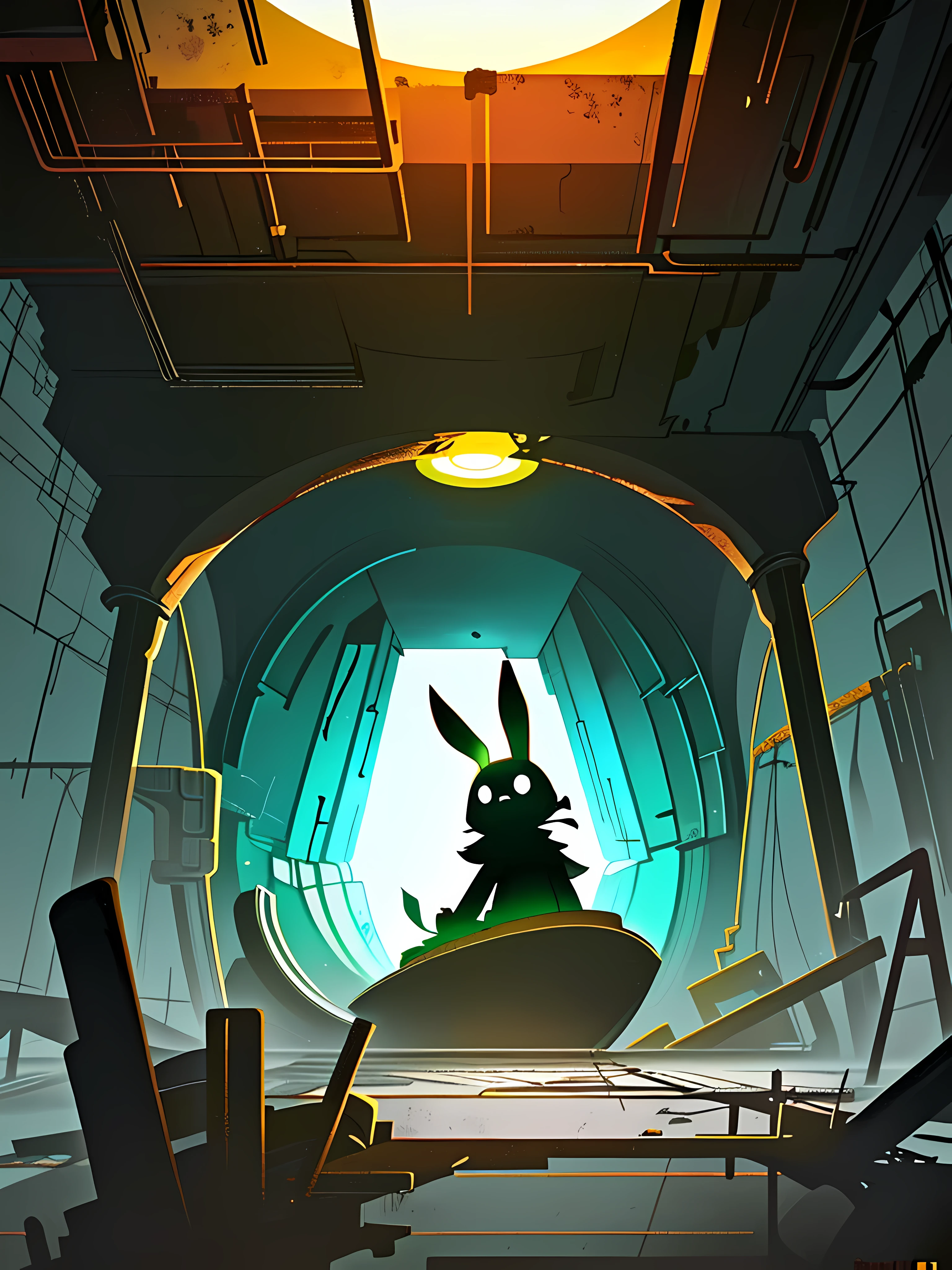 (blame! style abandoned tech landscape), (Zen, Amy Sol style), (underground, dark, foggy, perilous, abandoned dystopian apartment bedroom, deep windows), (like a tunnel that you follow to a tunnel of its own down a hollow in a cavern where the sun has never shone), (abstract anthro rabbit figure wearing bunny ears), cover art with light abstraction, abstract, simple vector art, contemporary Cybernetic art, color gradients, soft color palettes, layered forms, whimsical animation, style Ethereal abstract, 4K, --v6