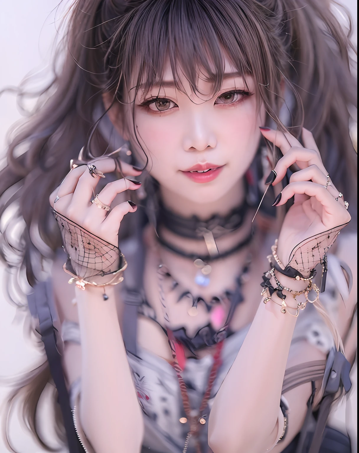 masterpiece,best quality,ultra-detailed,8K,detailed light,detailed shadow,RAW, (detailed skin),(realistic:1.2),
1girl,face,
pilyeon, black nails, jewelry, Long hair, looking at viewer, choker, necklace,piercing, white background, heart, closed mouth, grey eyes, nail polish, simple background, black hair, ear piercing, black choker, smile, eyelashes, lips, hand on own cheek, bangs, bracelet, beads, gem, earrings, fingernails