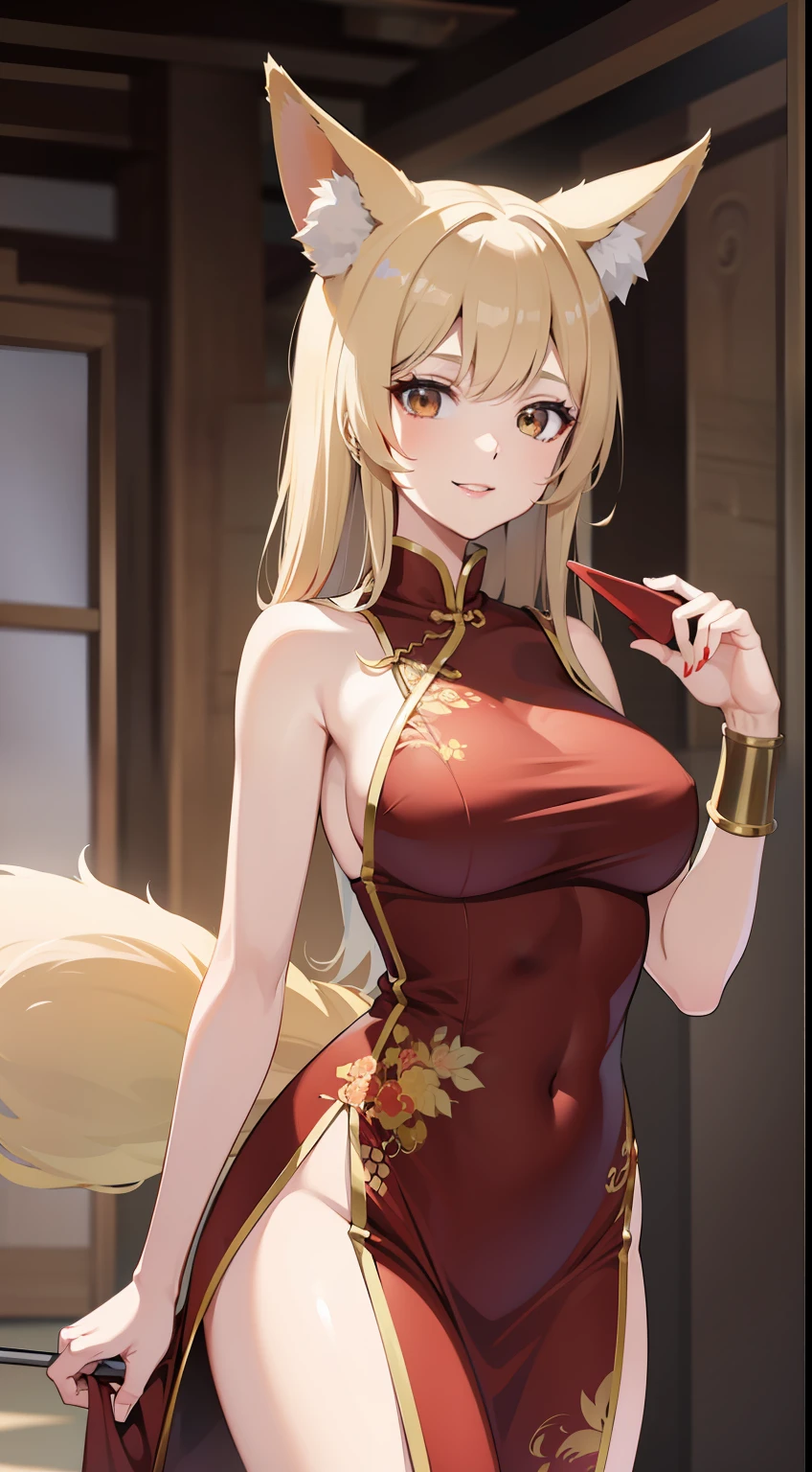 Adult woman, longue blonde hair, Brown eyes, fox ears and tail, Chinese dress, ssmile, red lipstick, Masterpiece, hiquality