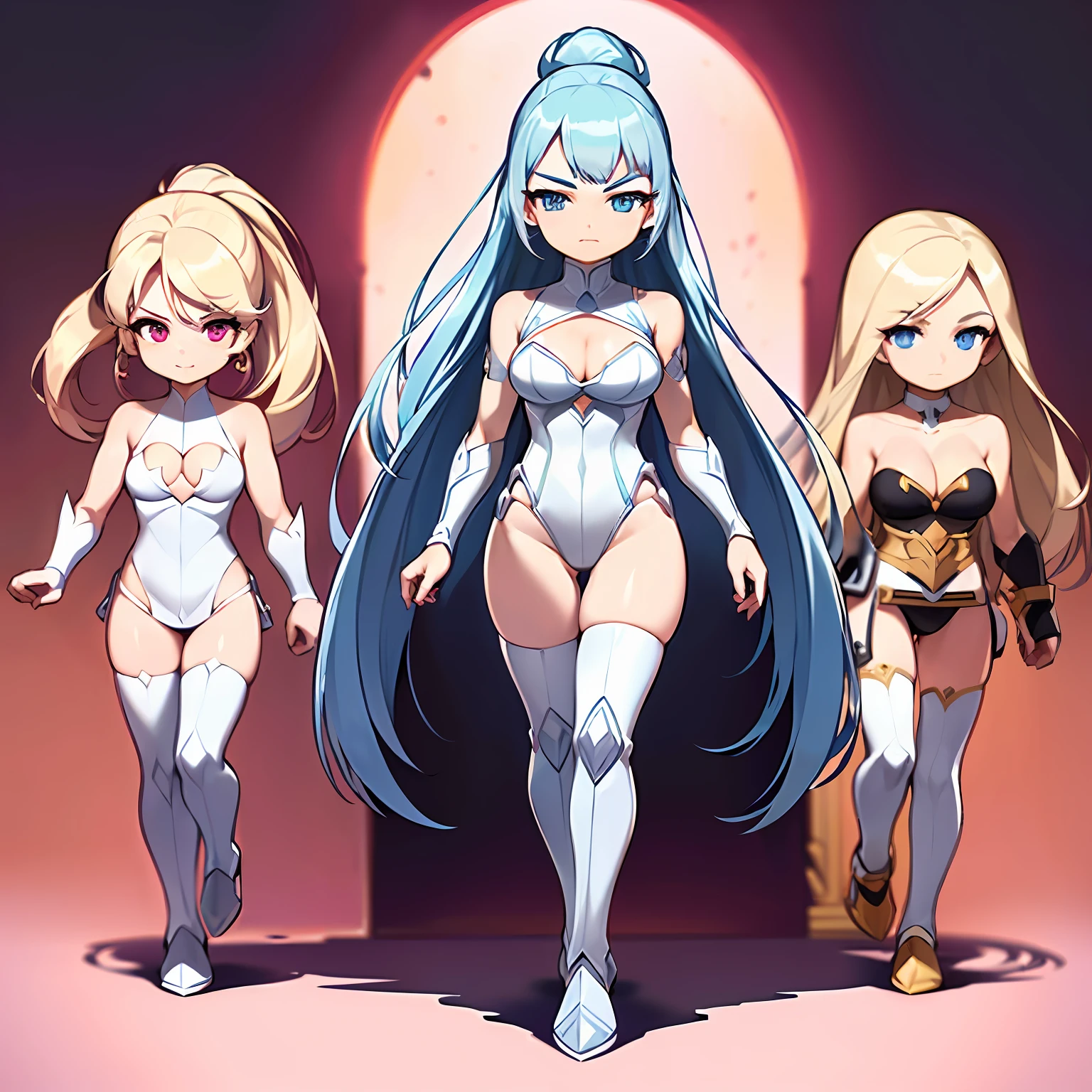 (hyper HD:1.2),(acurate:1.3),(The is very detailed:1.3),(A high resolution:1.2),(high detal:1.5),(high qulity:1.2),(best qualtiy:1.5),(4K:1.3),(8K:1.5),(No background:1.8),(Remove the background:1.8),1 girl,(Blue hair:1.3),High ponytail,Sideburns,pretty eyes,Seductively look at the camera,Be red in the face,(Wearing silver armor),(Armor long skirt),(Fighting posture),(Combat stance on the sides),(A delicate long sword),medium boob,(cleavage:1.5),(Expose the lateral chest:1.2),(Full-body standing:1.5),(Walking posture:1.5),(Walking posture:1.5),(detail finger:1.5),(Clear legs:1.2),(Q version of cartoon:1.8),(Side of the character:1.5),(4 Cephalic body:1.5)(Three View:1.5)