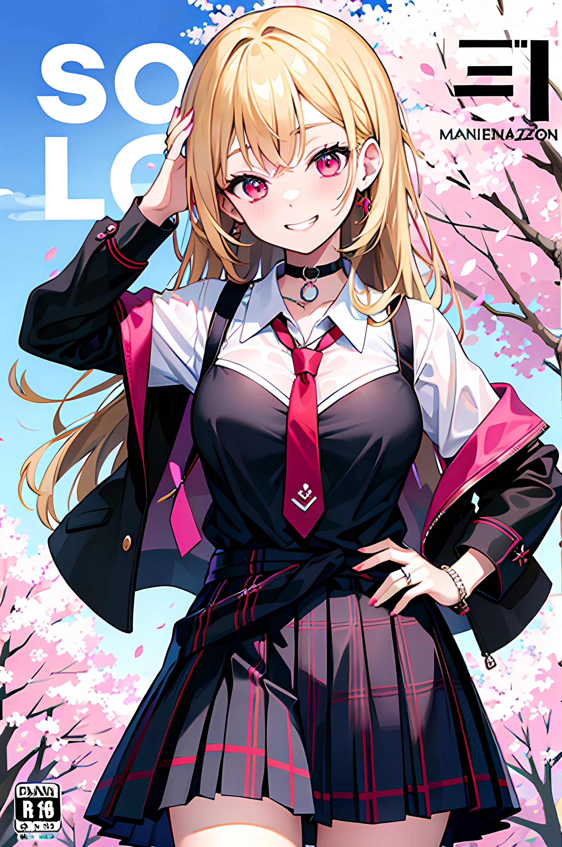 masterpiece, best quality,  full body,
1girl, bangs, black choker, black necktie, blonde hair, blue skirt, blush, bracelet, breasts, choker, clothes around waist, collarbone, collared shirt, cowboy shot, dress shirt, ear piercing, eyebrows visible through hair, gradient hair, grin, gyaru, jewelry, kogal, long hair, looking at viewer, loose necktie, necktie, piercing, plaid, plaid skirt, pleated skirt, red eyes, ring, school uniform, shirt, skirt, smile, solo, white shirt,
street, sky, cherry blossoms, petals,illustration, (magazine:1.3), (cover-style:1.3), fashionable, woman, vibrant, outfit, posing, front, colorful, dynamic, background,  elements, confident, expression, holding, statement, accessory, majestic, coiled, around, touch, scene, text, cover, bold, attention-grabbing, title, stylish, font, catchy, headline, larger, striking, modern, trendy, focus, fashion,
