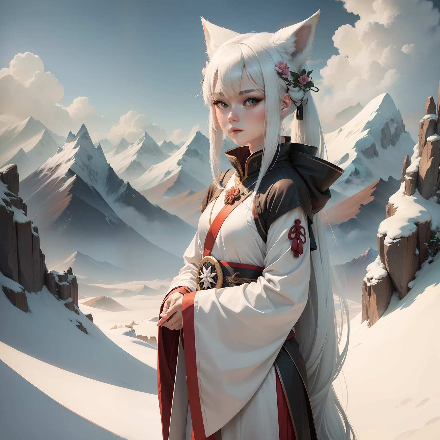 Girl with white hair with fox ears, solo, (masterpiece, topquality, bestquality, deasthetic:1.2), Chinese style Hanfu, nature scenes, ((snow mountains, Mountain peaks penetrate the clouds:1.4))